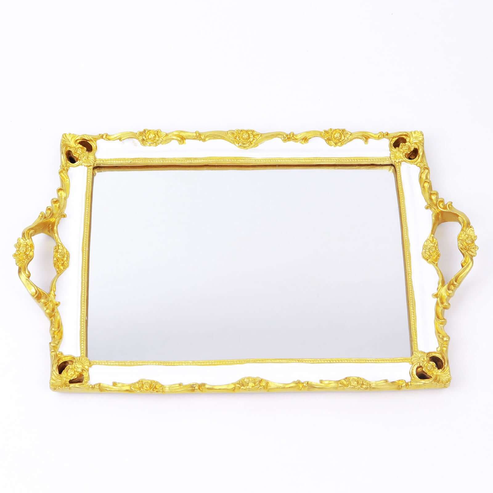 Resin Mirrored Rectangle Serving Tray 15"x10" in White with Gold Baroque Design, Stylish Decorative Vanity Tray Centerpiece