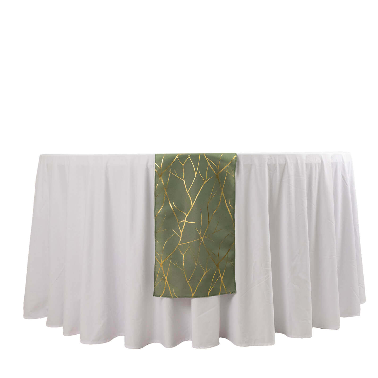 Polyester 9ft Table Runner Dusty Sage Green with Gold Foil Tree Branch Pattern - Stylish Table Linen
