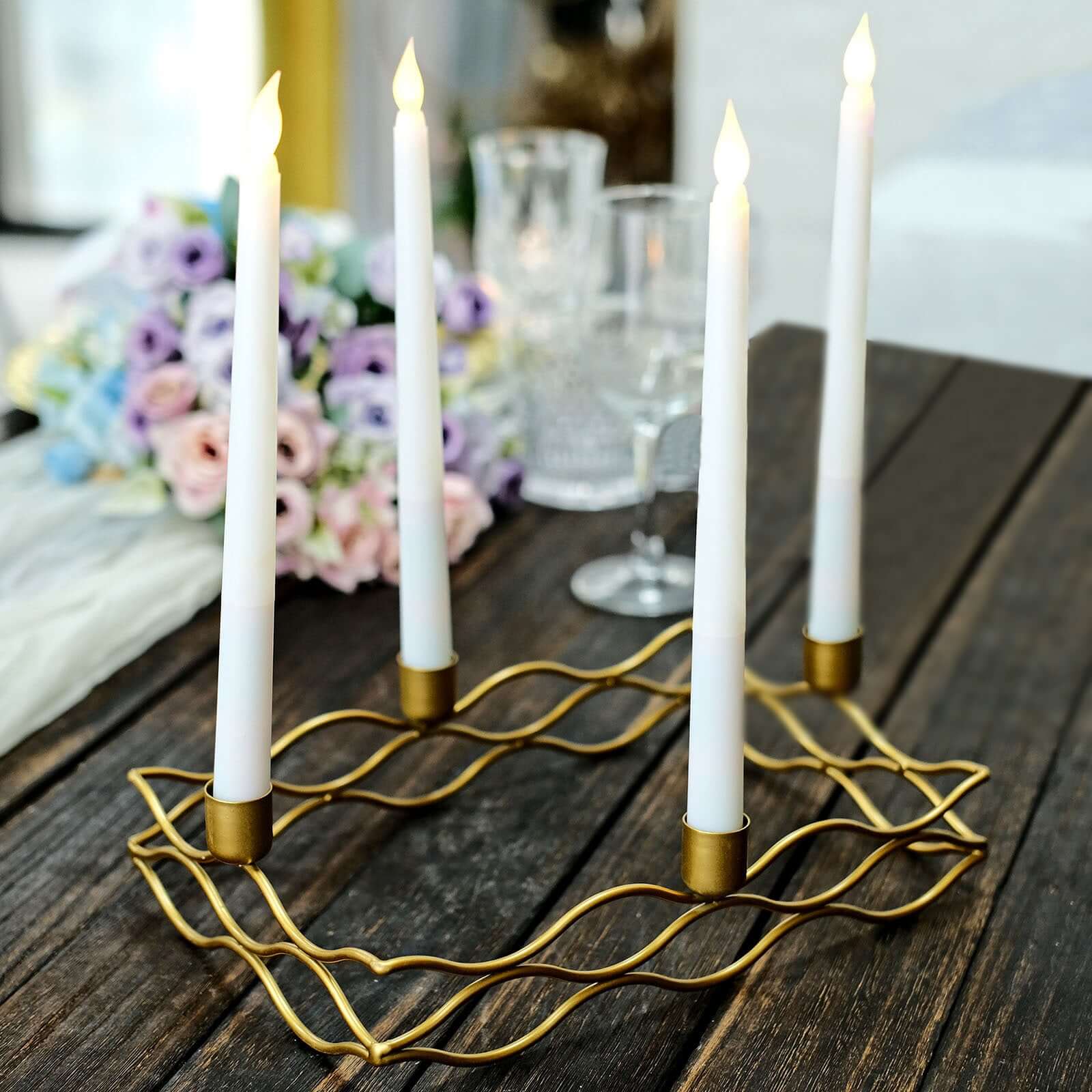 Rectangular Taper Wreath Candelabra 4 Arm Gold Metal Candle Holder Centerpiece - Stylish Wedding Decor 12"x8"