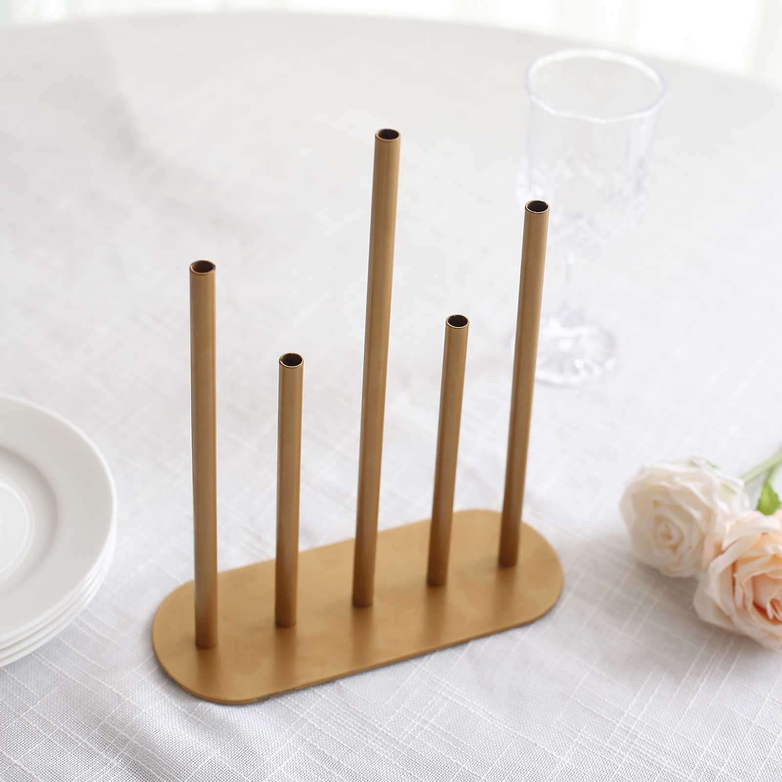 Bud Vase Gold Metal Minimalist Design with 5-Tubes - Single Stem Flower Centerpiece 10"