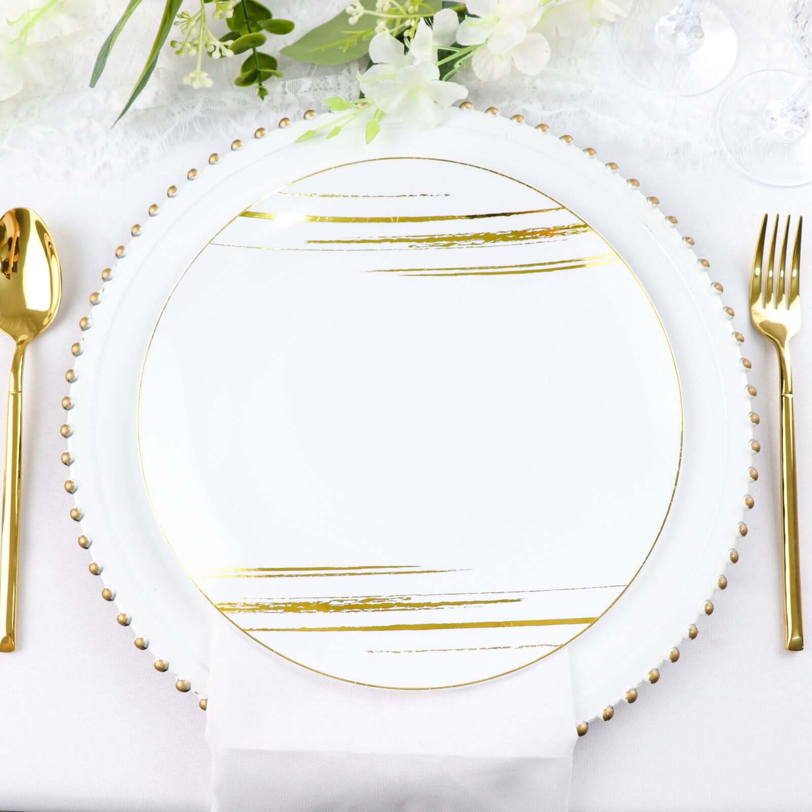 10-Pack Plastic 10" Round Dinner Plates in White with Gold Brush Stroked Print - Disposable Party Dinnerware for Modern Themed Events & Banquets