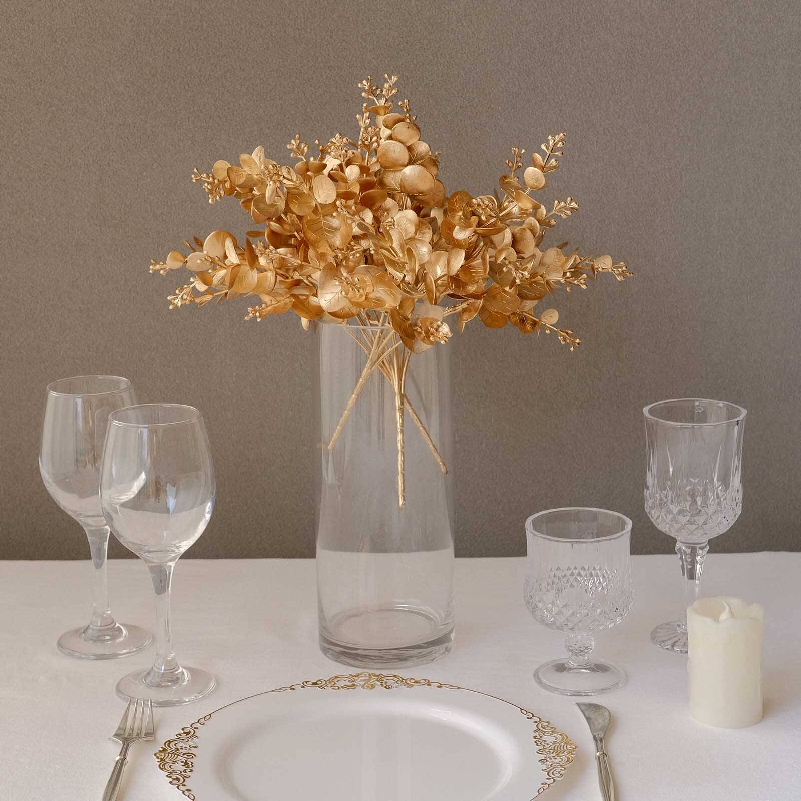 4-Pack Artificial Eucalyptus Leaves Decor Metallic Gold - Vibrant Faux Plant Spray Bush for Bridal Bouquets Floral Arrangements & Event Styling 12"
