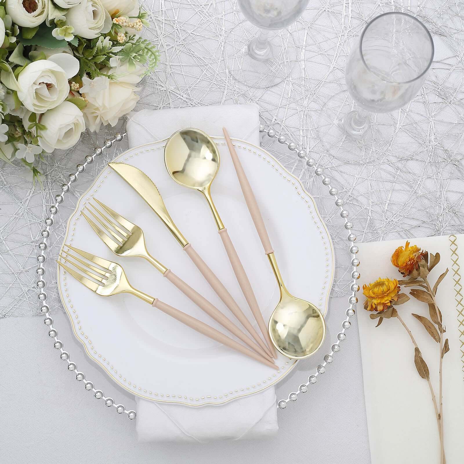 24-Pack Plastic Flatware Set in Metallic Gold with Beige Handle - Heavy Duty Disposable Modern Silverware 8"