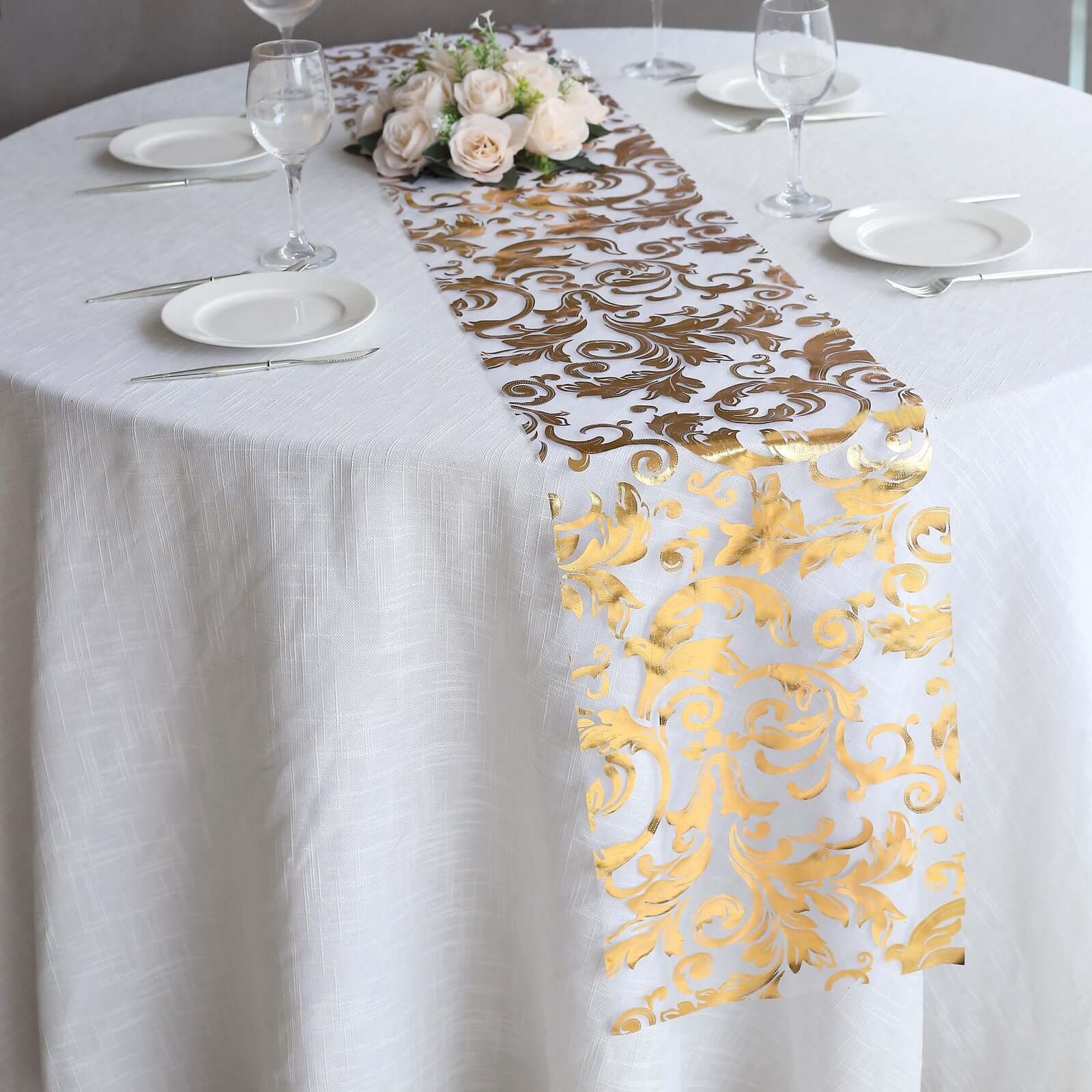 Sheer Organza 12"x108" Table Runner Roll Metallic Gold Foil Floral Swirl Design - Disposable Stylish Event Decoration