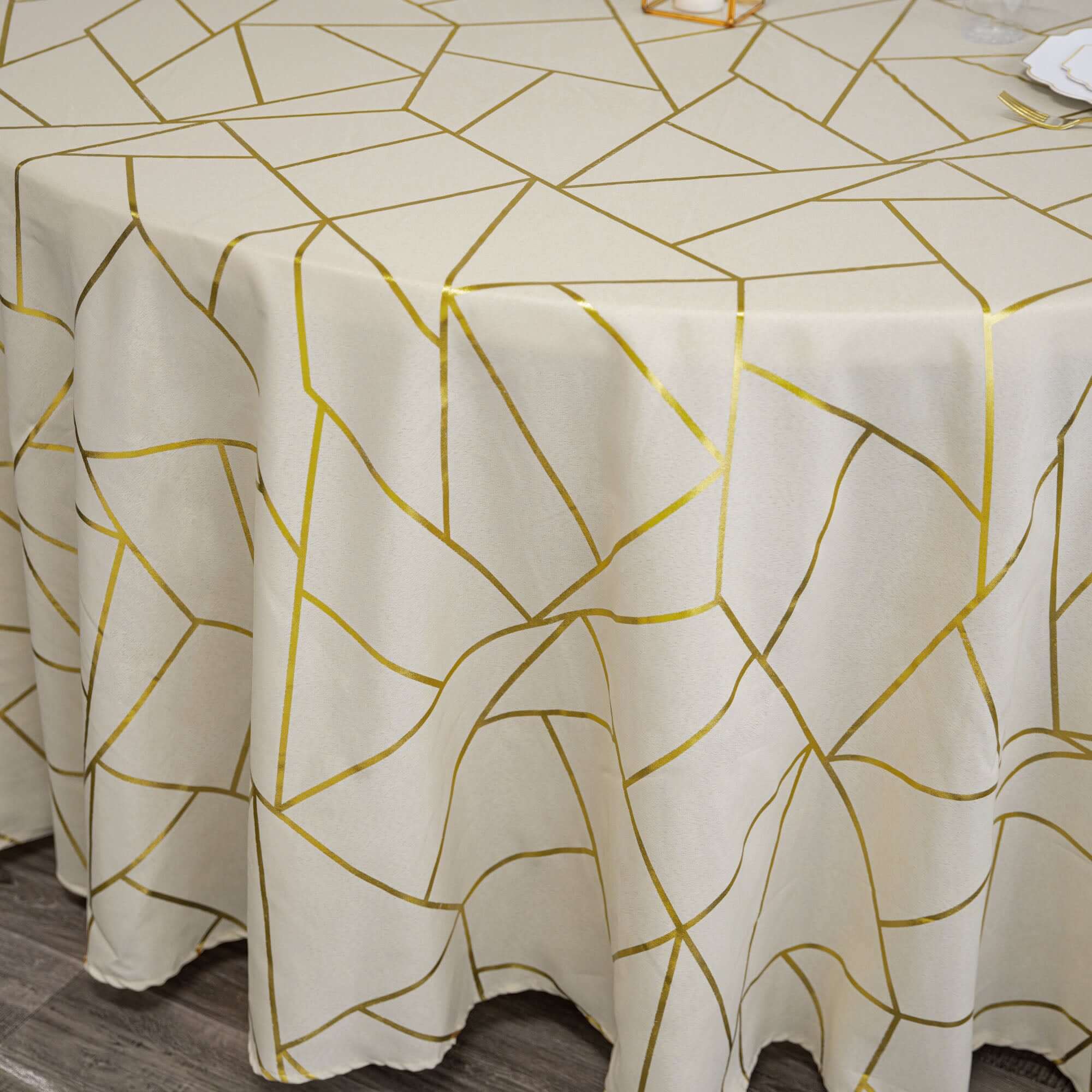 Polyester 120" Round Tablecloth Beige with Gold Foil Geometric Pattern Wrinkle-Resistant Seamless Table Cover