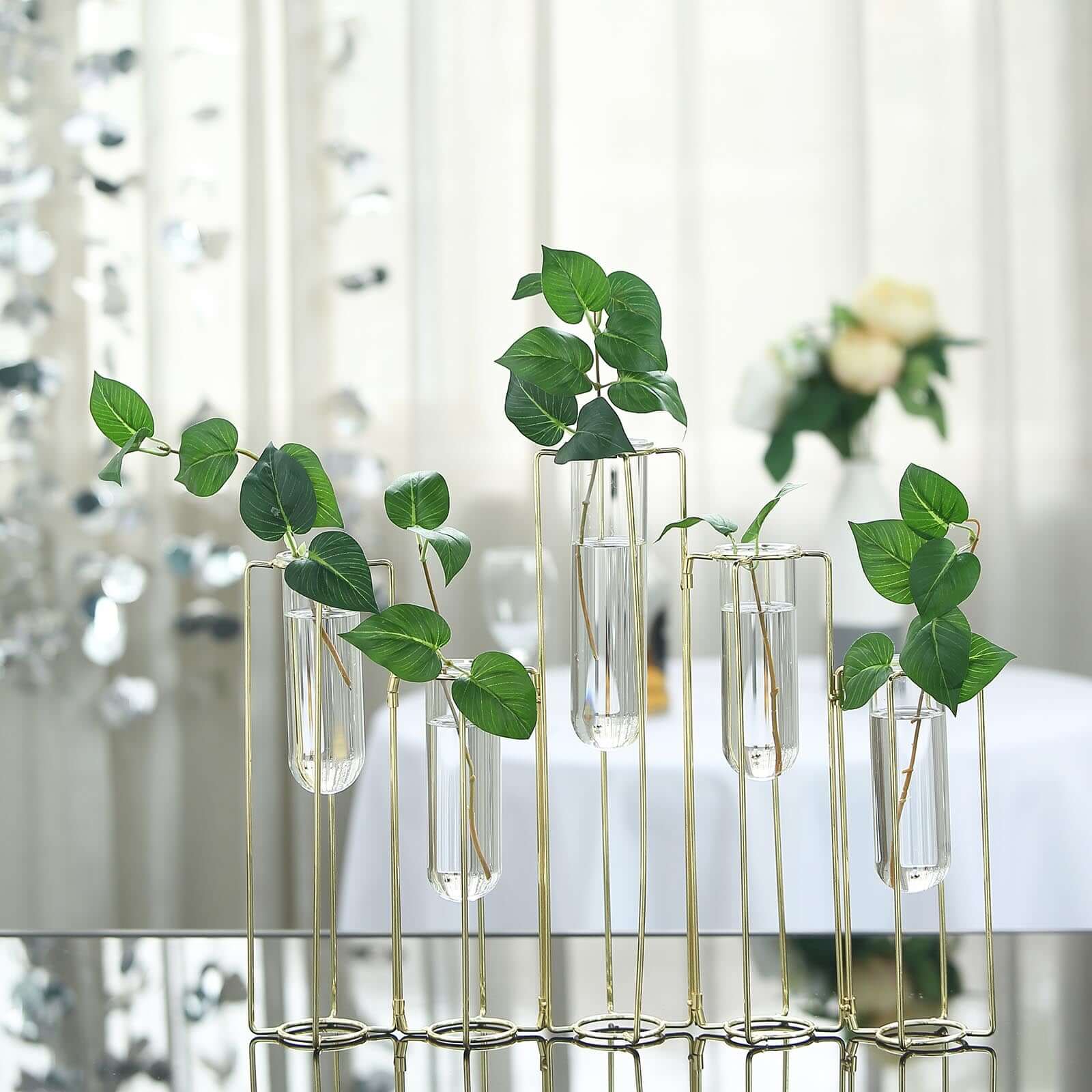 Set of 5 Wedding Centerpieces Gold Frame Conjoined Geometric Design - Test Tube Hydroponic Vases 12"