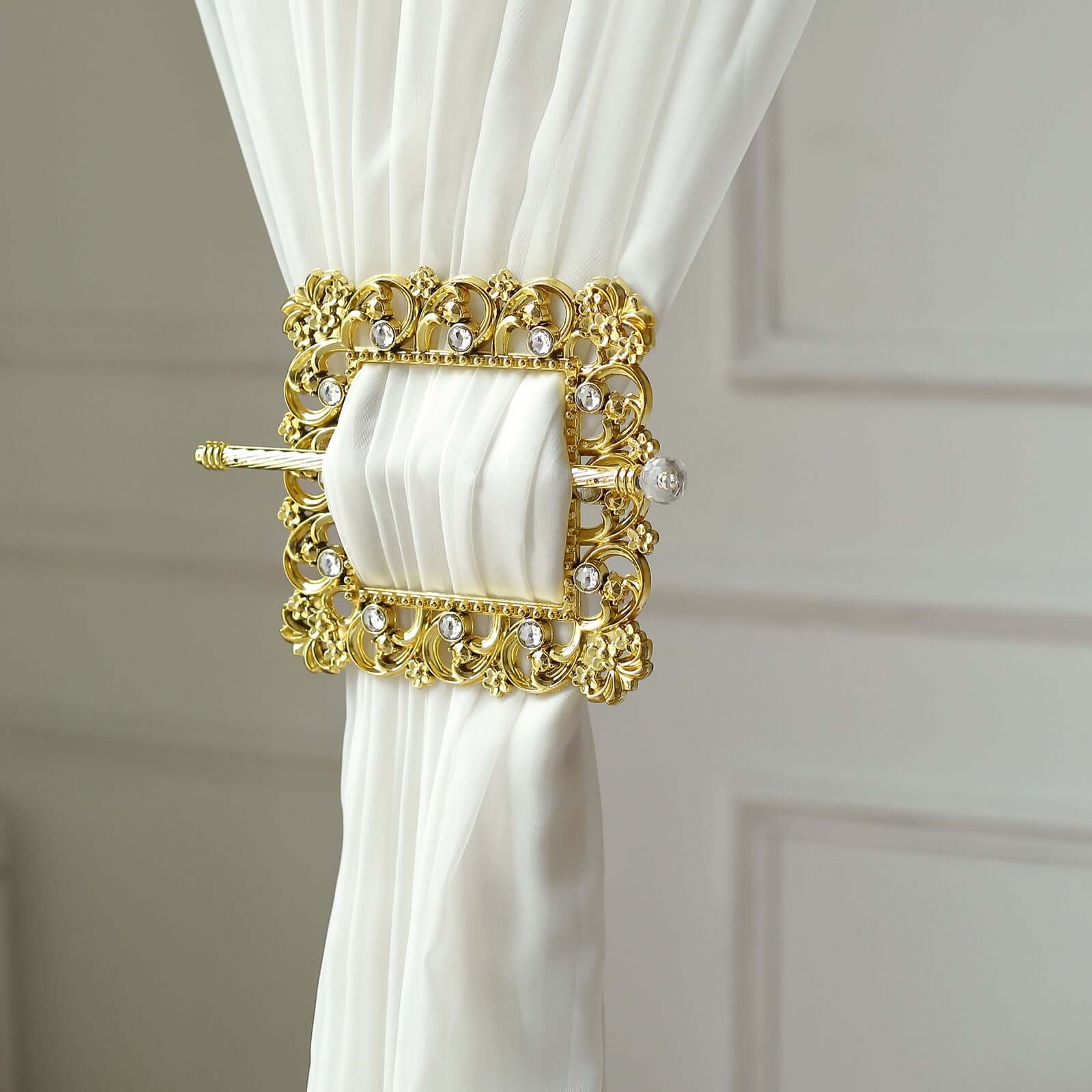 Set of 2 7" Gold Barrette Style Diamond Backdrop Drapery Holdbacks, Square Acrylic Crystal Curtain Brooch Tie Backs