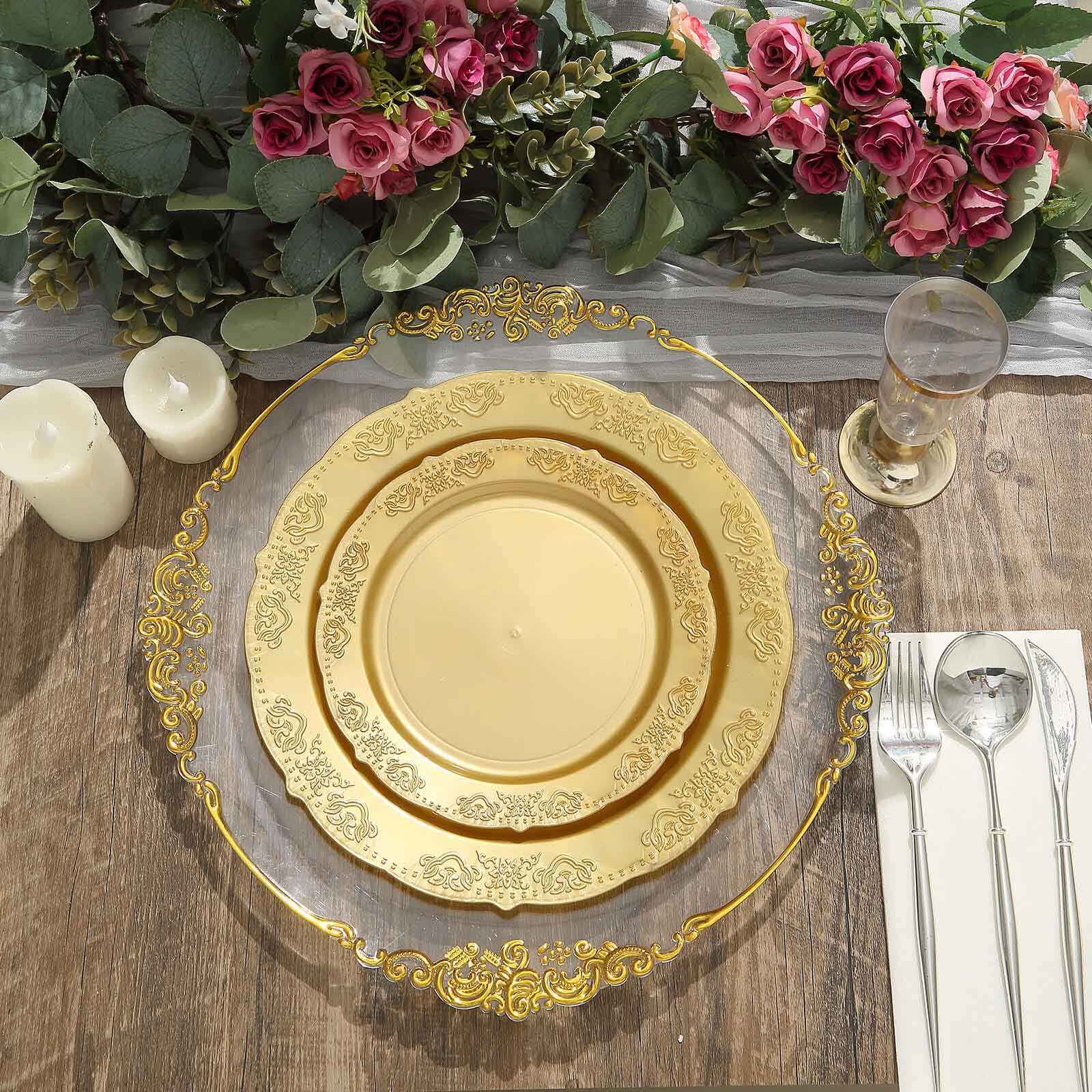 10-Pack Plastic 7.5" Round Appetizer Plates Gold Embossed Scalloped Edge - Chic Disposable Salad Plates for Special Occasions & Banquets
