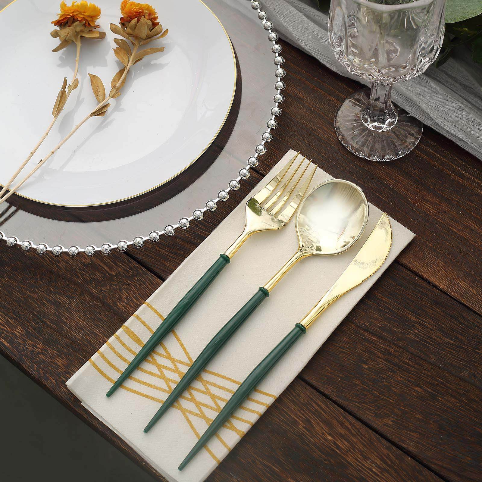 24-Pack Plastic Flatware Set in Metallic Gold with Hunter Emerald Green Handle - Heavy Duty Disposable Modern Silverware 8"