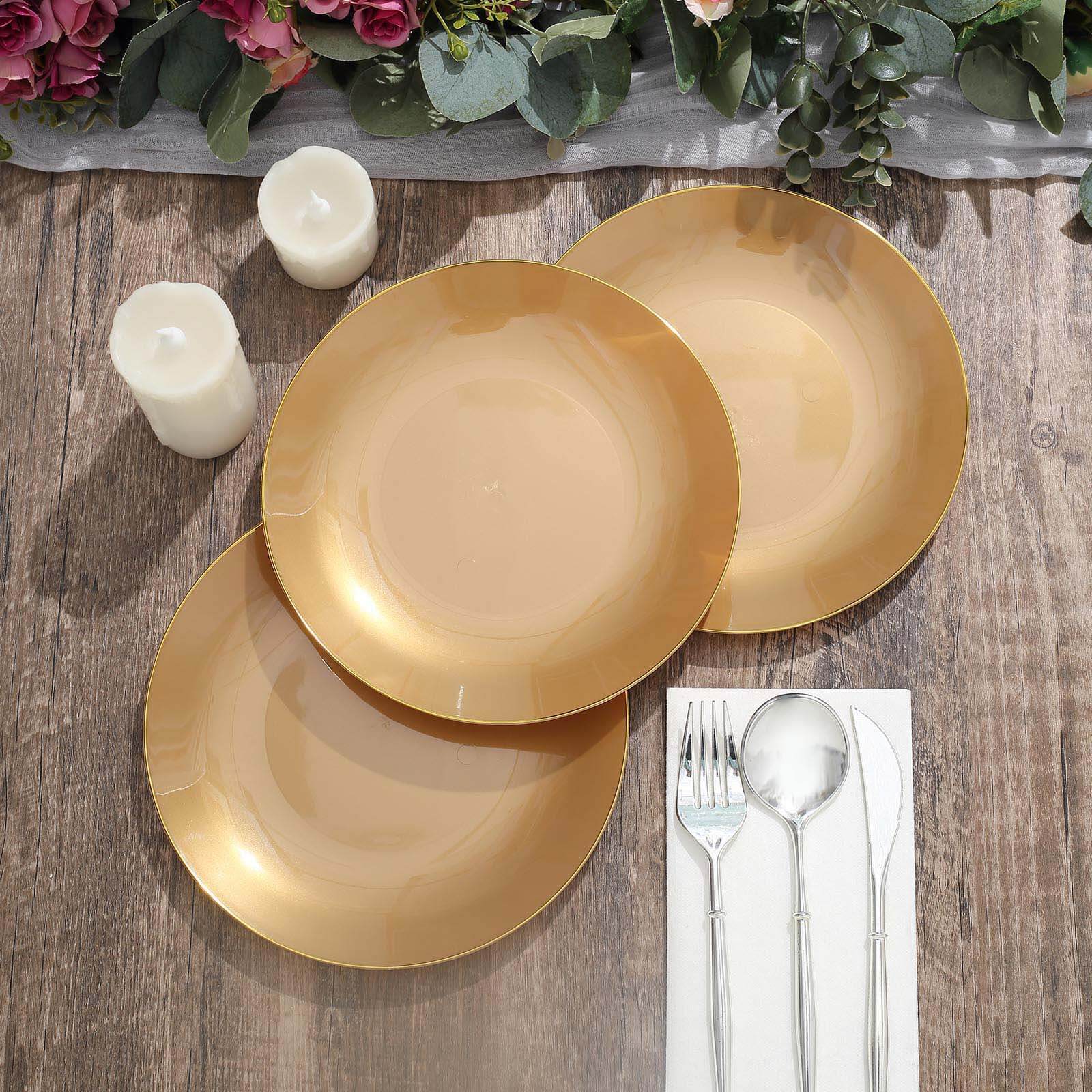 10-Pack Plastic 8" Round Dessert Plates in Gold with Gold Rim - Glossy Disposable Appetizer Salad Plates