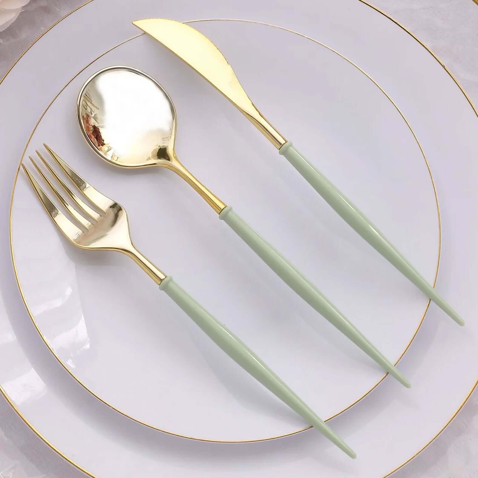 24-Pack Plastic Flatware Set in Metallic Gold with Sage Green Handle - Heavy Duty Disposable Modern Silverware 8"