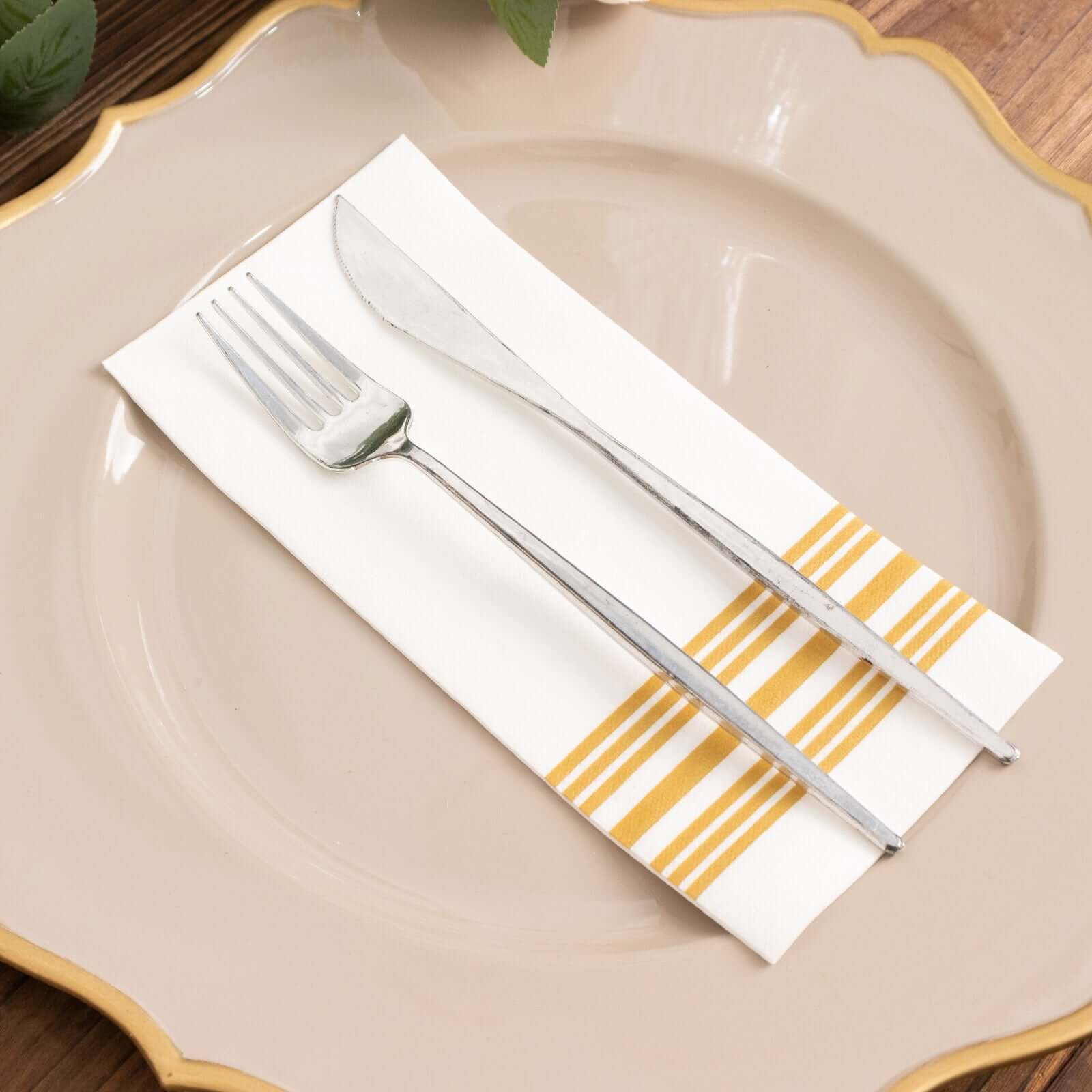 20 Pack Linen-Like Paper 8"x4" Napkins White With Gold Lines - Soft Hygienic Airlaid Guest Towels