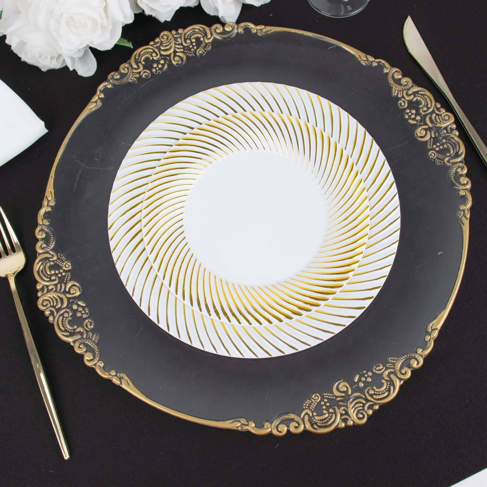 10-Pack Plastic 9" Round Dinner Plates White with Gold Swirl Rim - Disposable Party Plates