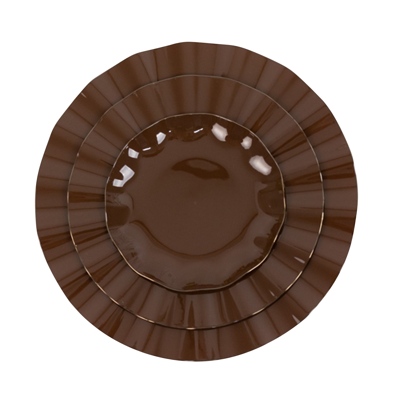 10-Pack Plastic Round 6" Dessert Plates in Cinnamon Brown Ruffled Rim with Gold Edging - Sturdy Disposable Salad Appetizer Dinnerware