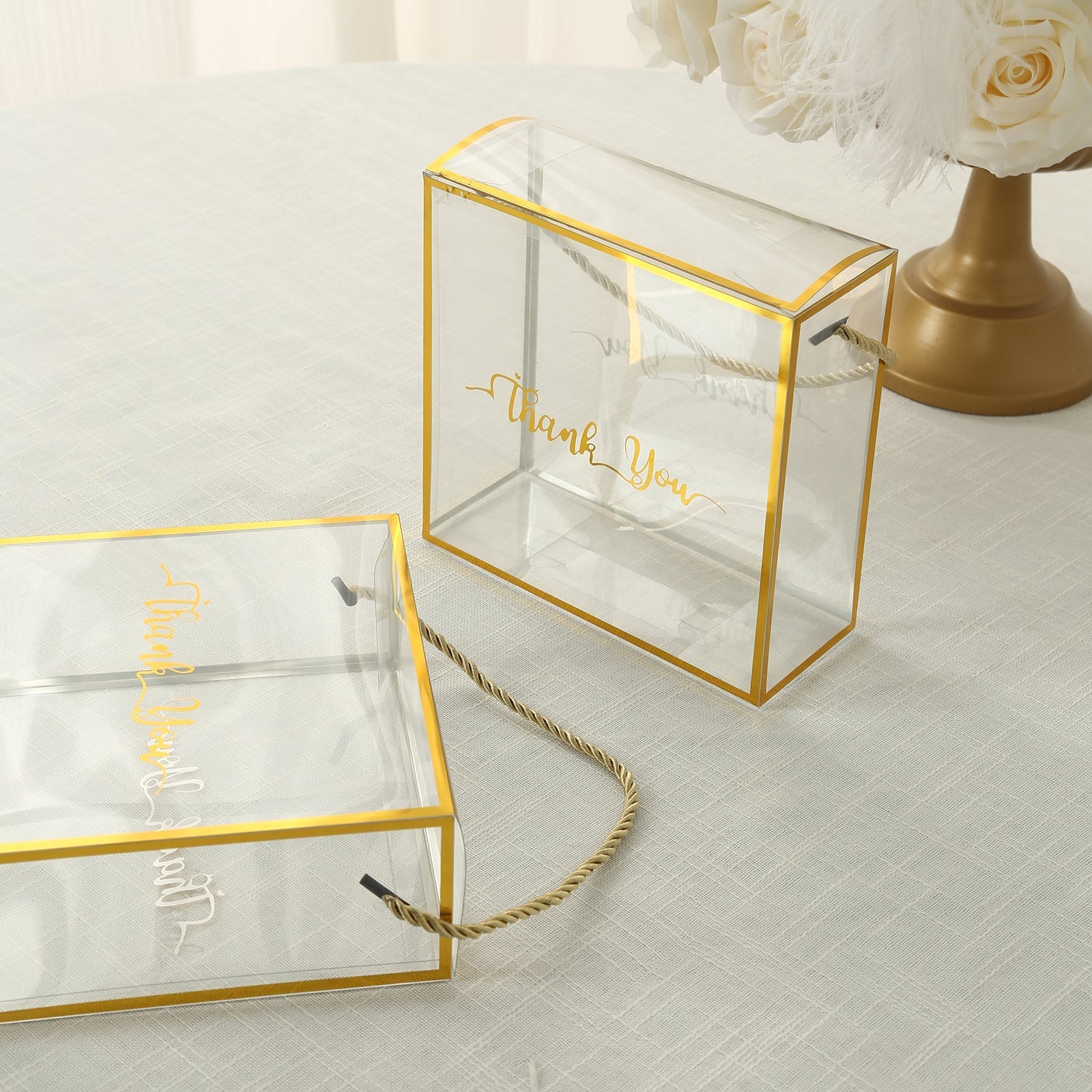 25 Pack Gold Trimmed Clear PVC Gift Boxes with Rope Handles and Thank You Print, Square Transparent Portable Candy Favor Boxes - 8"x8"