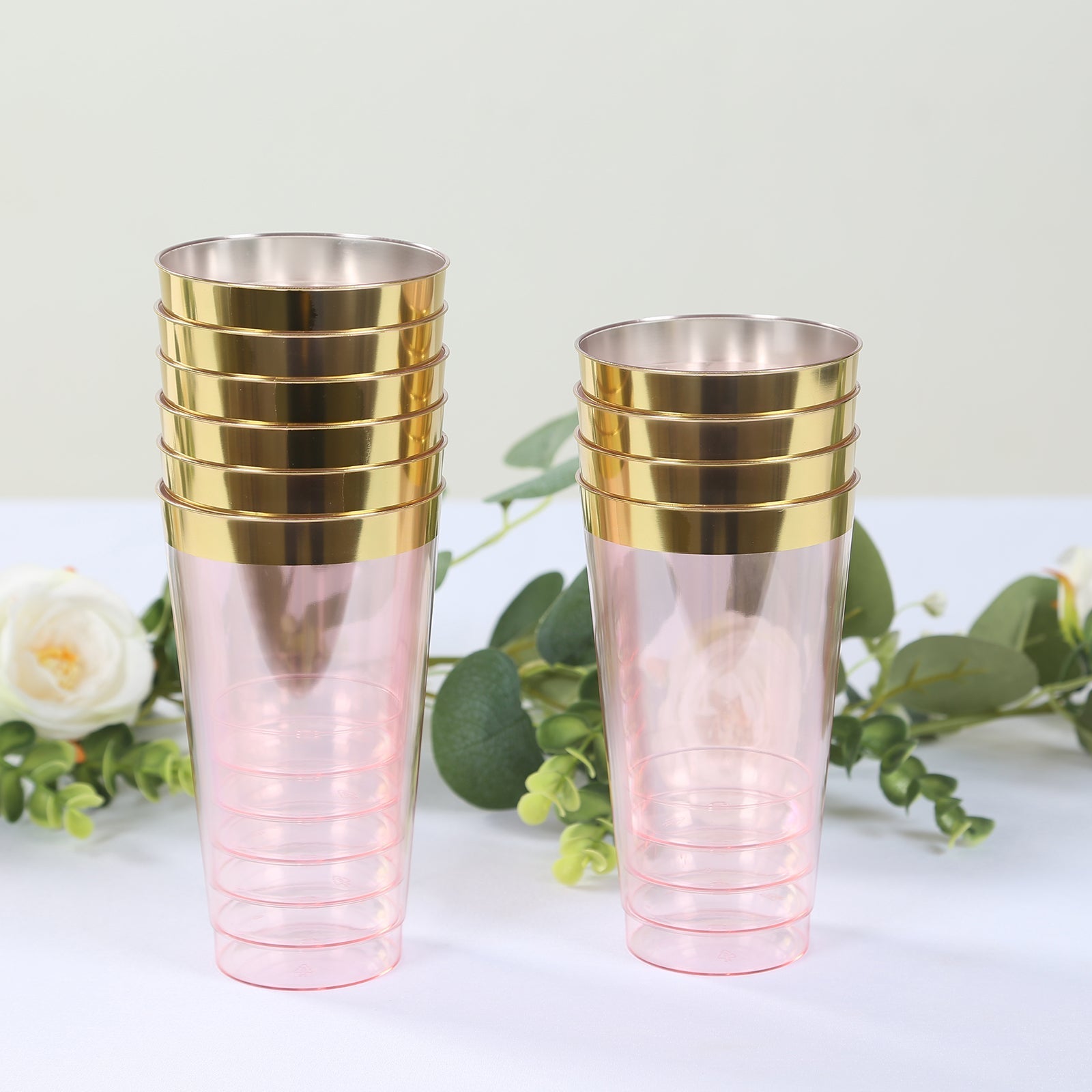 12-Pack Plastic Party Cups Transparent Blush with Gold Rim - Durable Disposable Tumblers for Drinks 17oz 5.5"