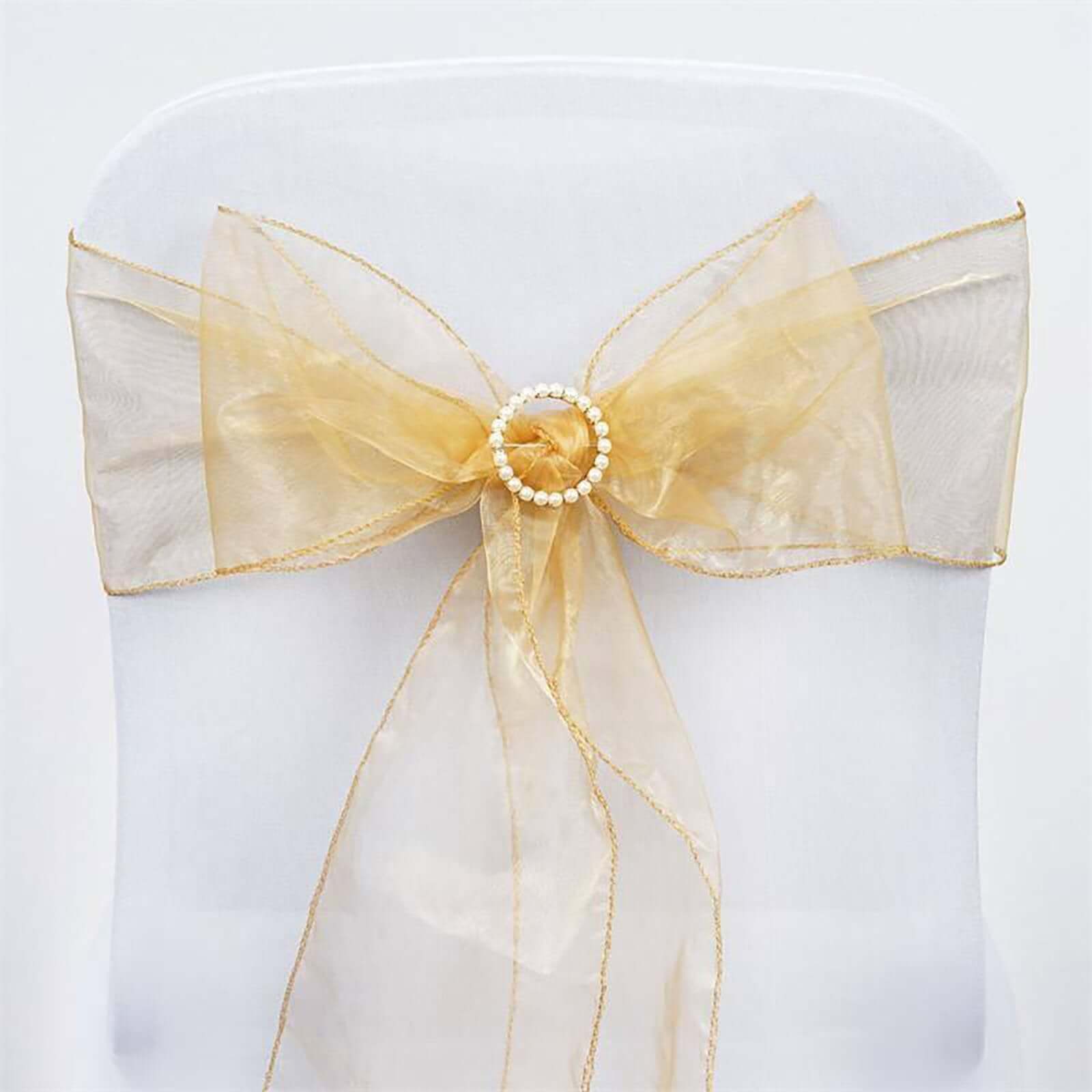 5 Pack Organza Chair Sashes Gold - Timeless Reusable Sheer Chair Bows for Chic Events 6"x108"