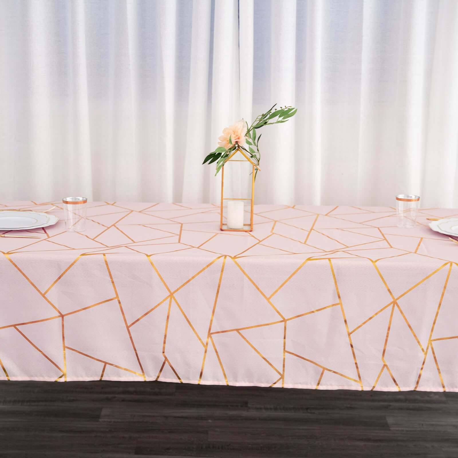 Polyester 60"x102" Rectangle Tablecloth Blush with Gold Foil Geometric Pattern - Wrinkle-Resistant & Durable Table Cover