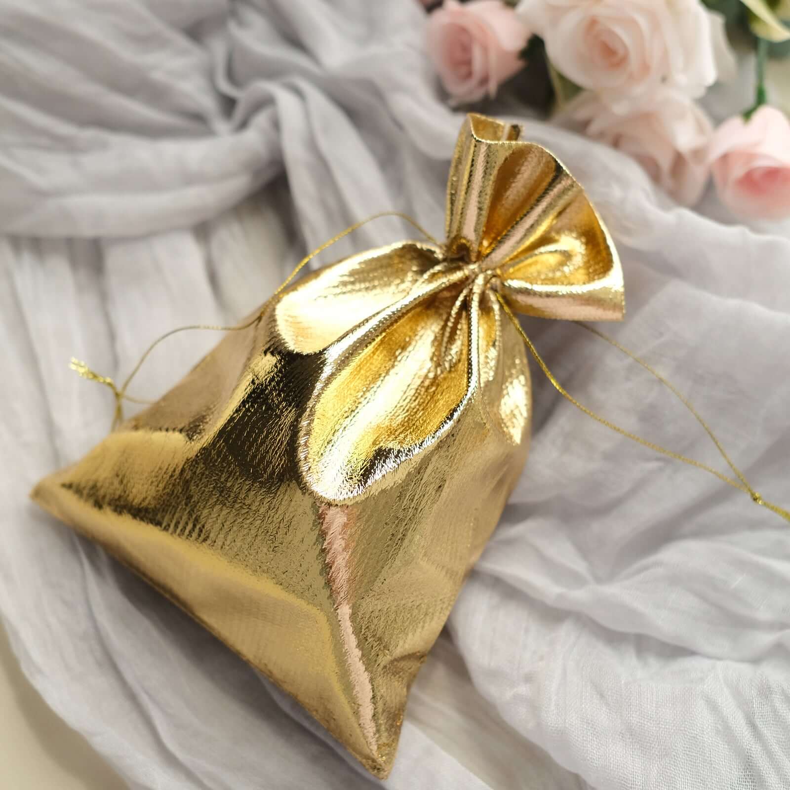 10 Pack Metallic Gold Lame Polyester 5"x7" Party Favor Gift Bags, Shiny Fabric Drawstring Candy Pouch