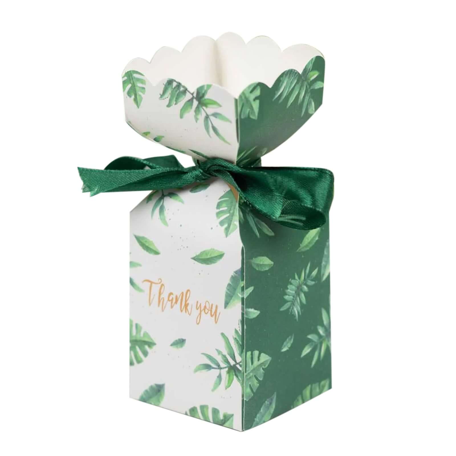 25 Pack White Green Leaf Print Satin Ribbon Candy Gift Boxes With Floral Top, Cardstock Paper Party Favor Boxes - 2"x5"