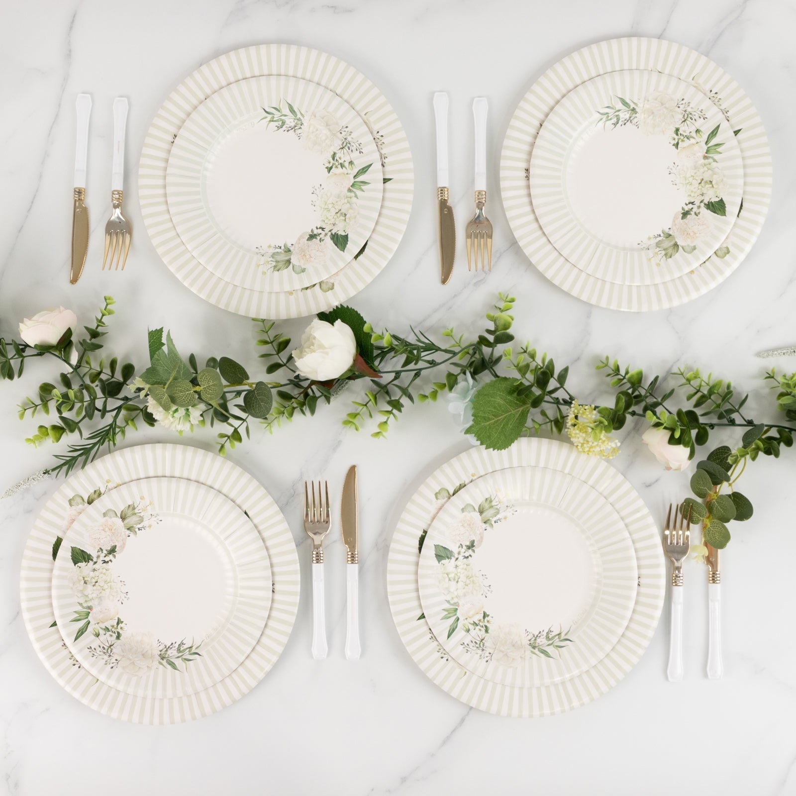 25-Pack Paper 8" Round Dessert Plates in White with Sage Green Floral Print & Lined Rim