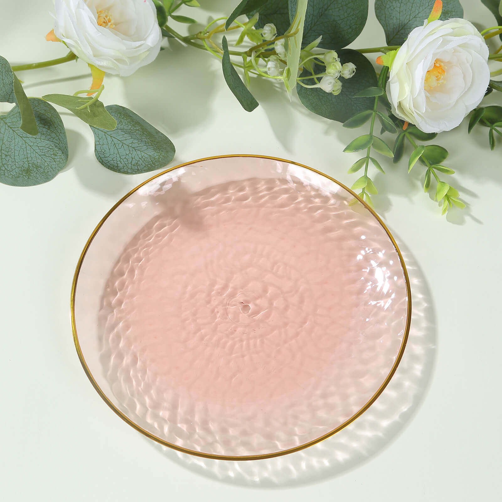 10-Pack Plastic 7" Round Dessert Appetizer Plates in Transparent Blush Hammered Design with Gold Rim - Modern Disposable Salad Plates