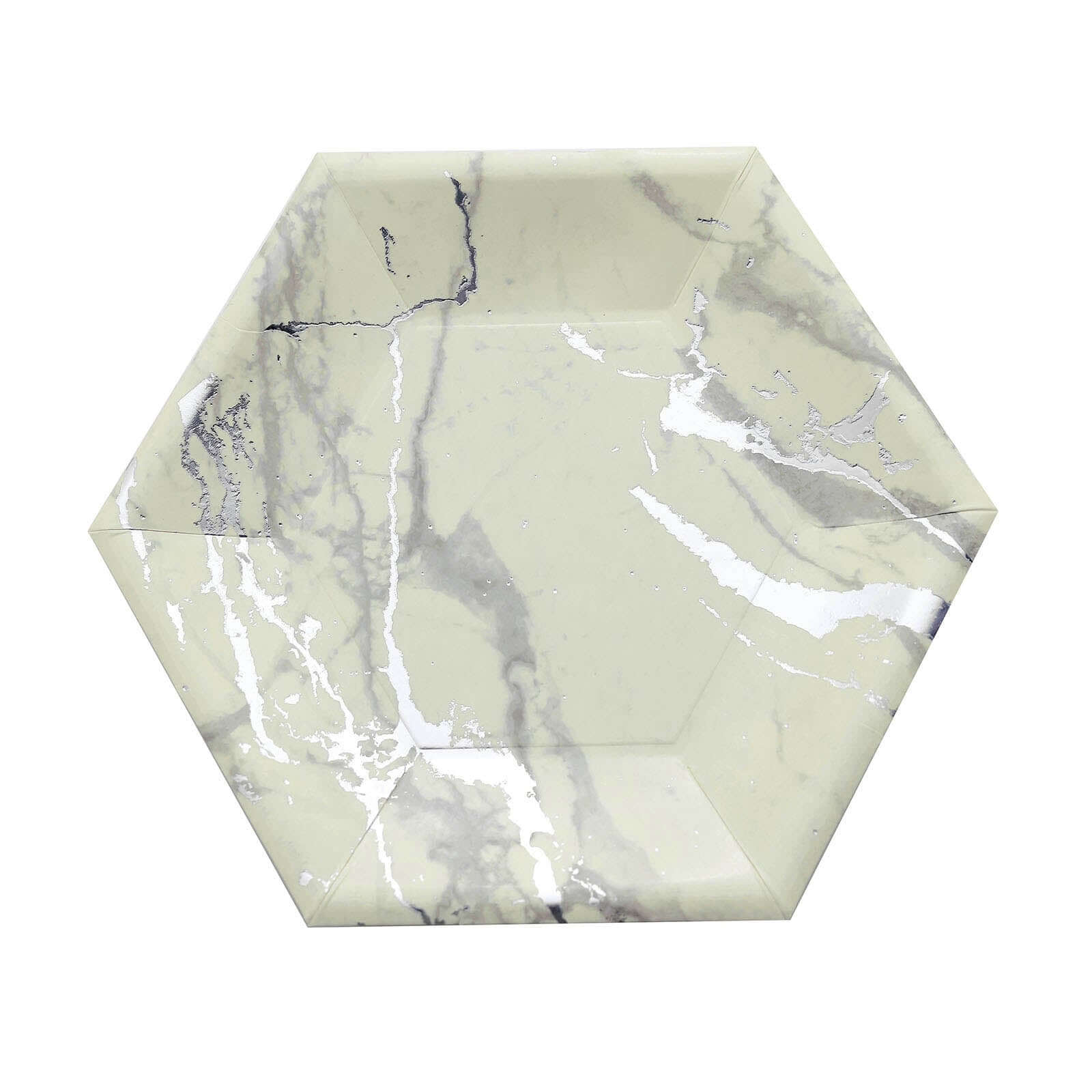 25-Pack Paper 8.5" Hexagon Dessert Plates in Ivory with Silver Marble Design - Disposable Geometric 400GSM Appetizer Salad Plates for Events & Banquets