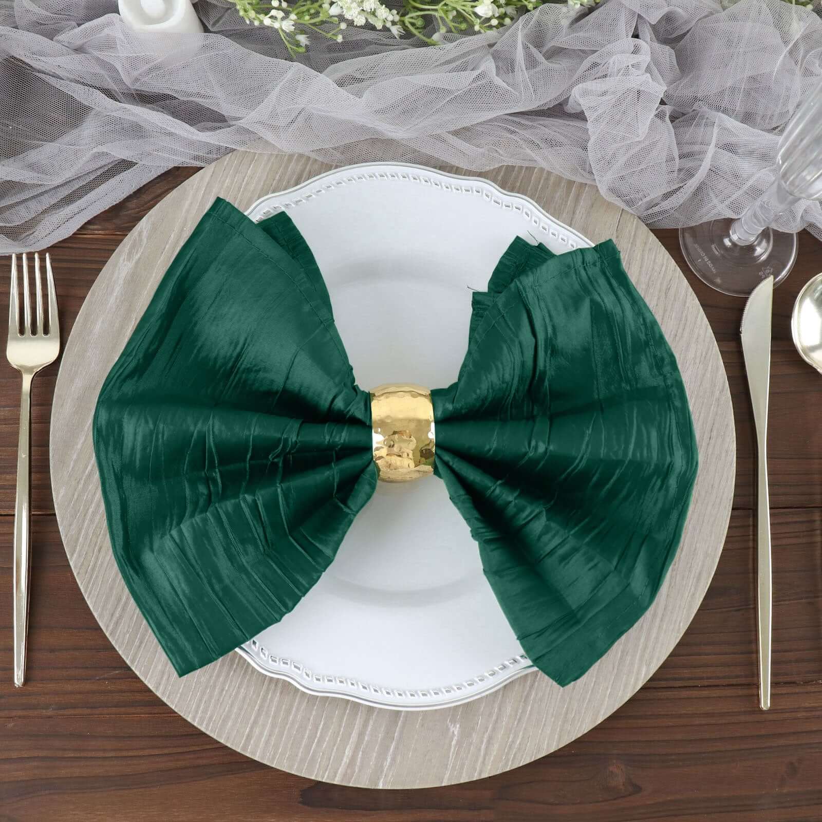 5 Pack Taffeta 20"x20" Napkins Hunter Emerald Green - Accordion Crinkle Dinner Napkins