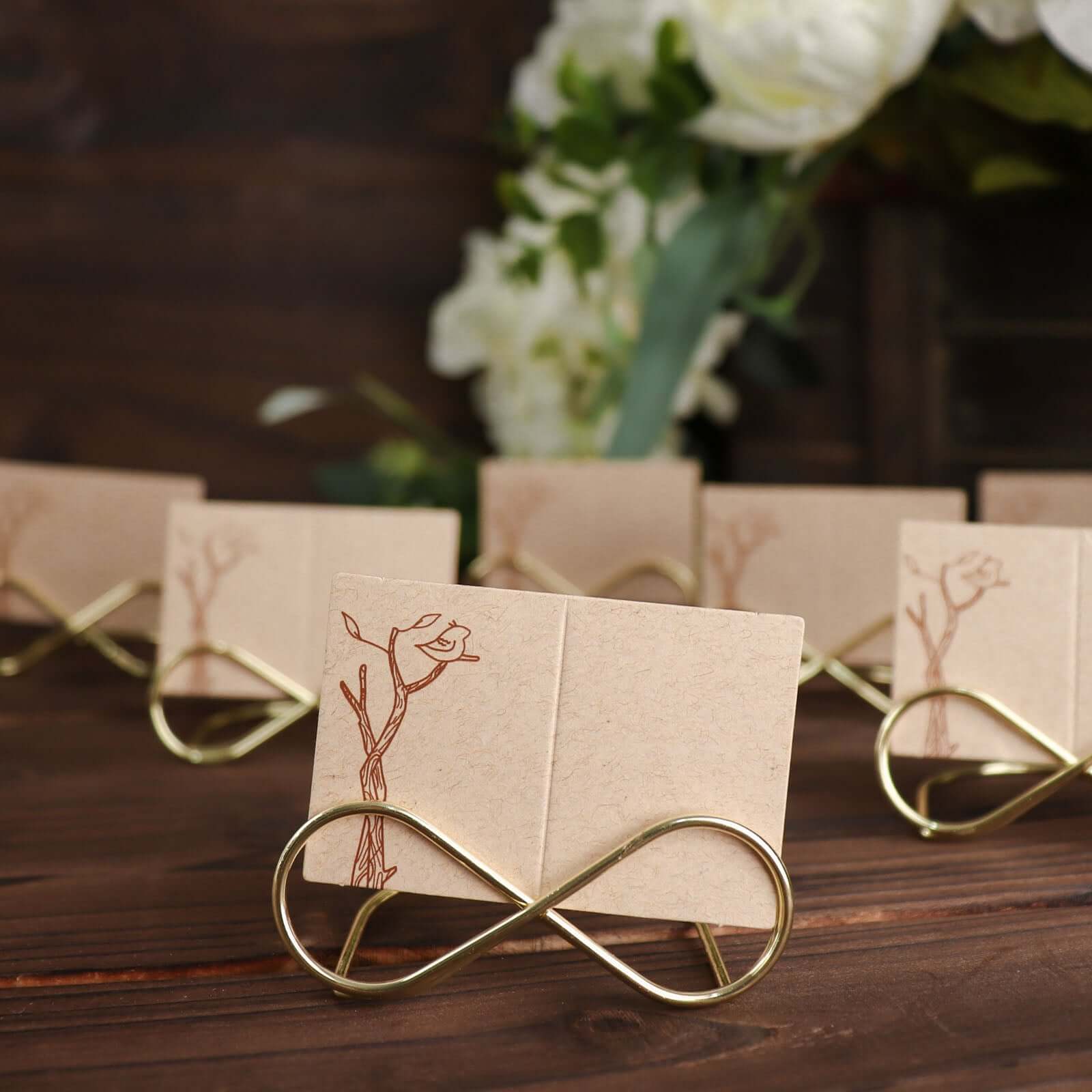 10-Pack Metal Card Holder Stands Infinity Design Gold - Table Number Stands and Wedding Place Card Menu Clips 3"