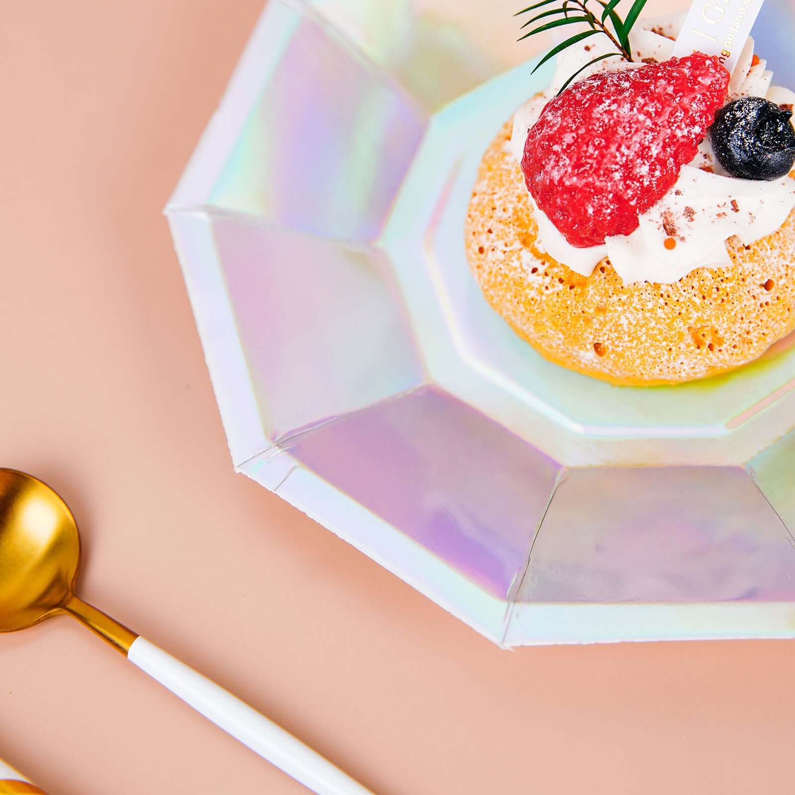 25-Pack Paper 7.5" Decagon Dessert Plates in Iridescent - Disposable Holographic Salad Plates for Starry Night & Fairytale Parties