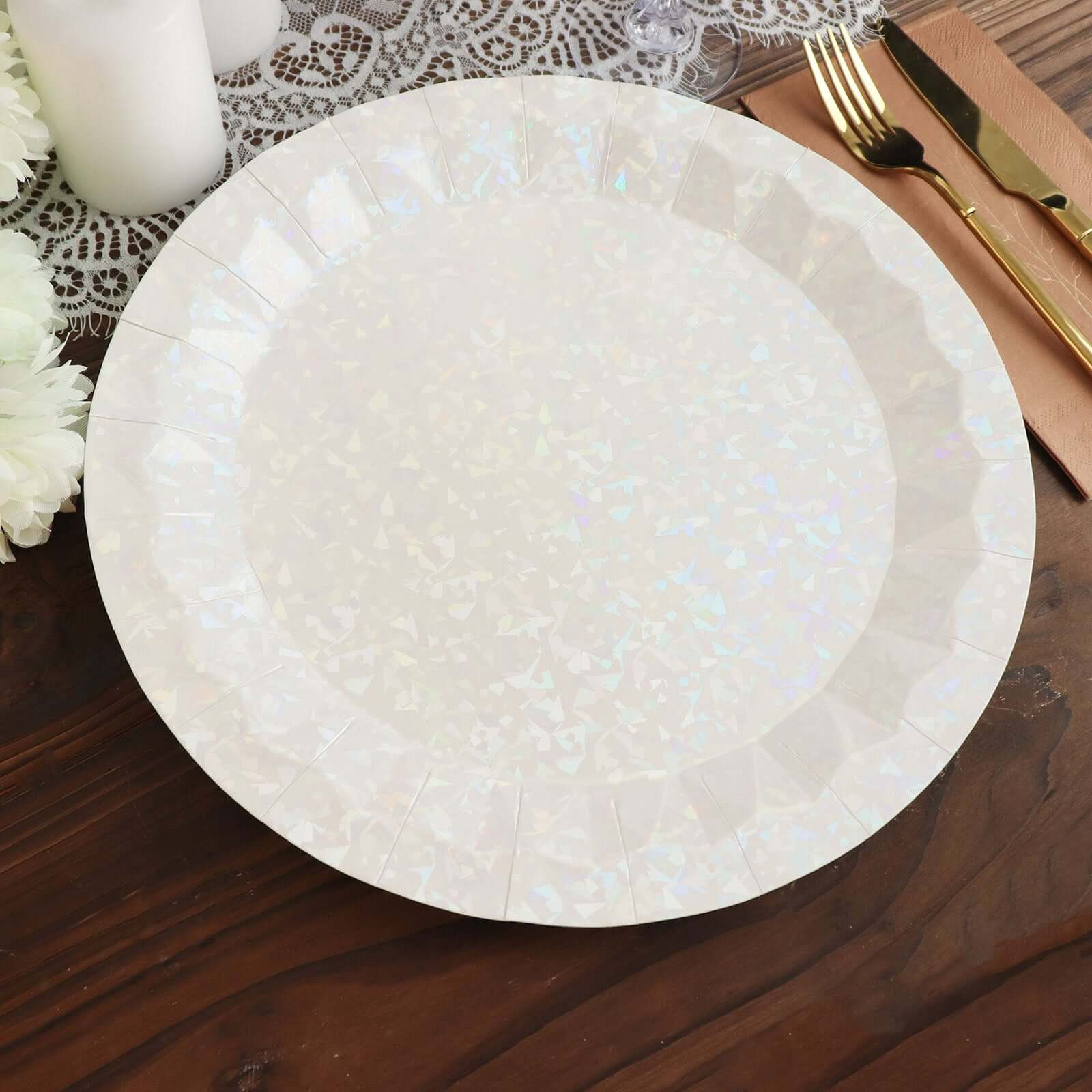 25-Pack Paper 12" Round Charger Plates in Iridescent with Geometric Prism Design - Disposable 400GSM Serving Trays