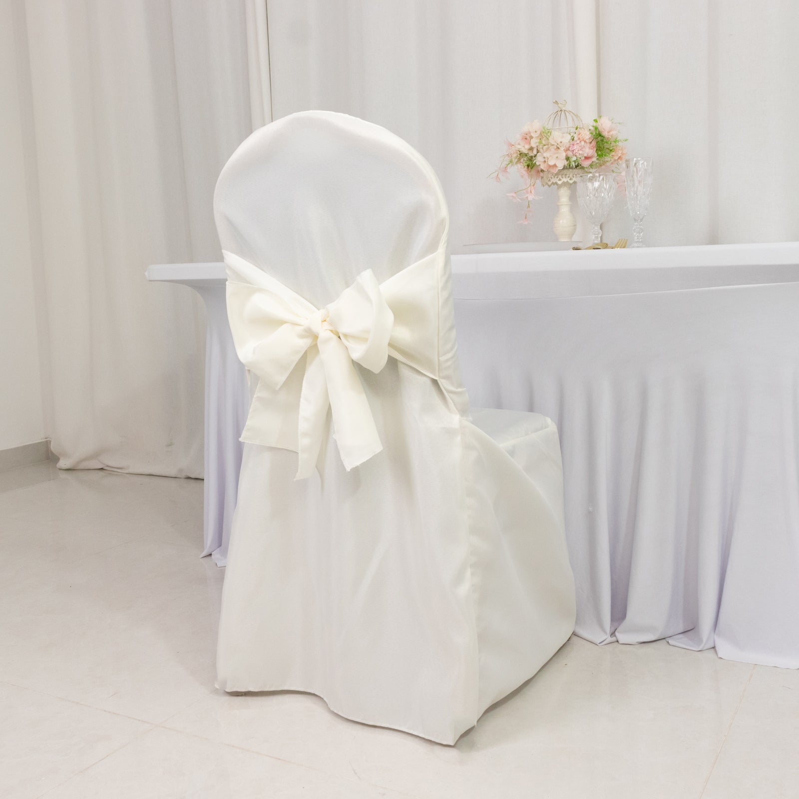 10-Pack Polyester Slip-On Banquet Chair Covers with Attached Sashes – Ivory Reusable Stain-Resistant Covers for Wedding & Event Decor