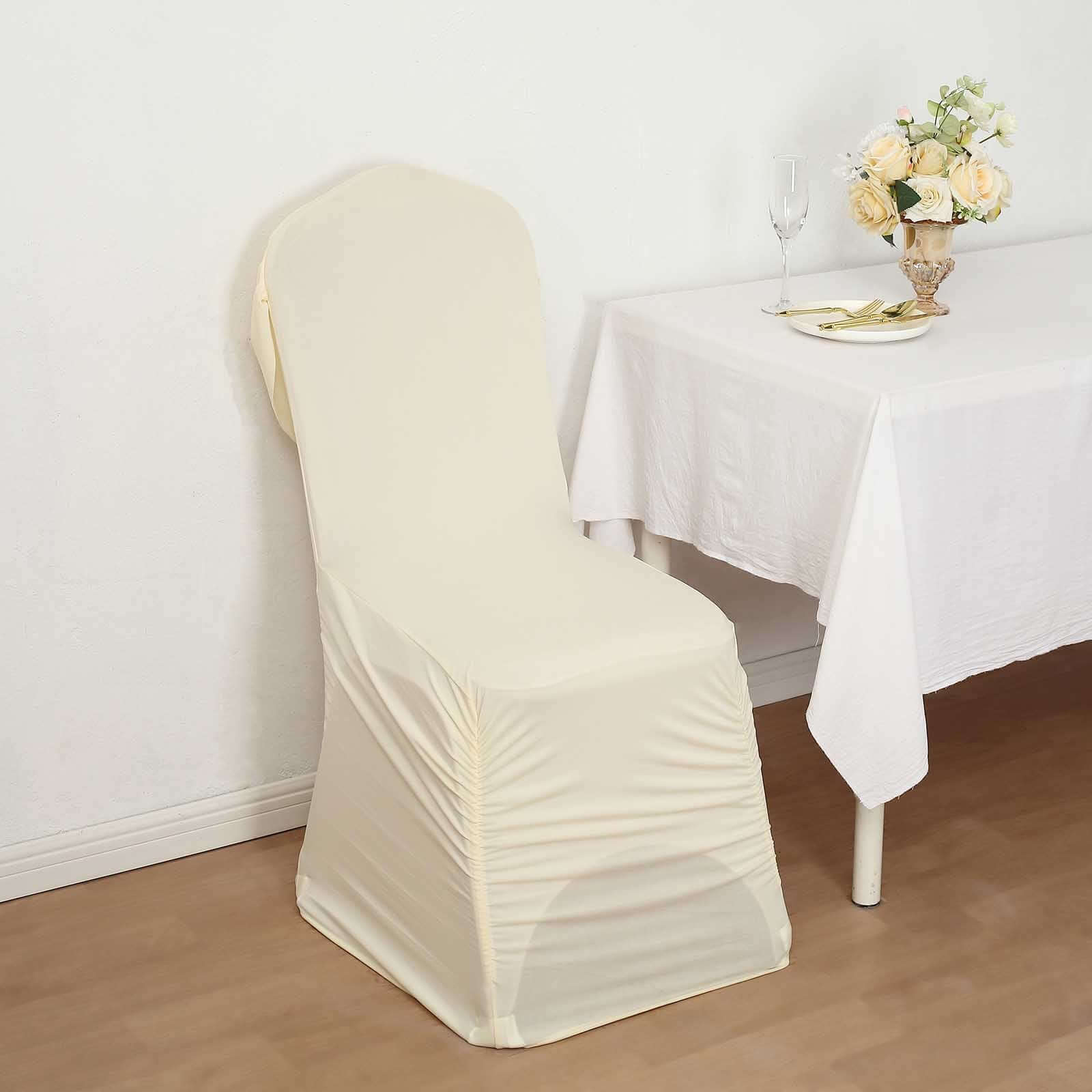 Spandex Chair Cover with Ruched Swag Back and Foot Pockets for Banquet Chairs Ivory - Fitted Slipcover