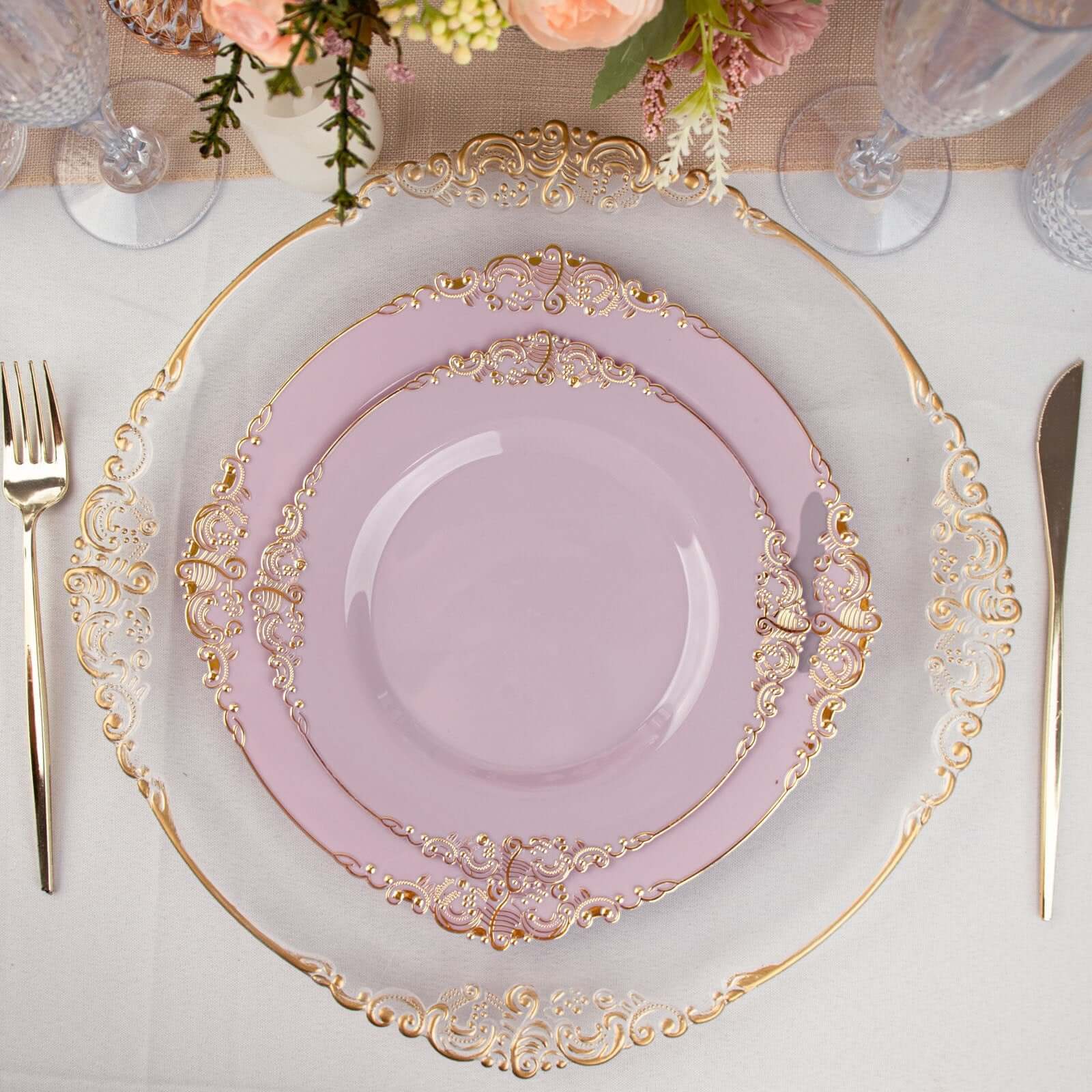10-Pack Plastic 10" Round Dinner Plates in Lavender Lilac with Gold Leaf Embossed Rim - Disposable Vintage Baroque Style Plates