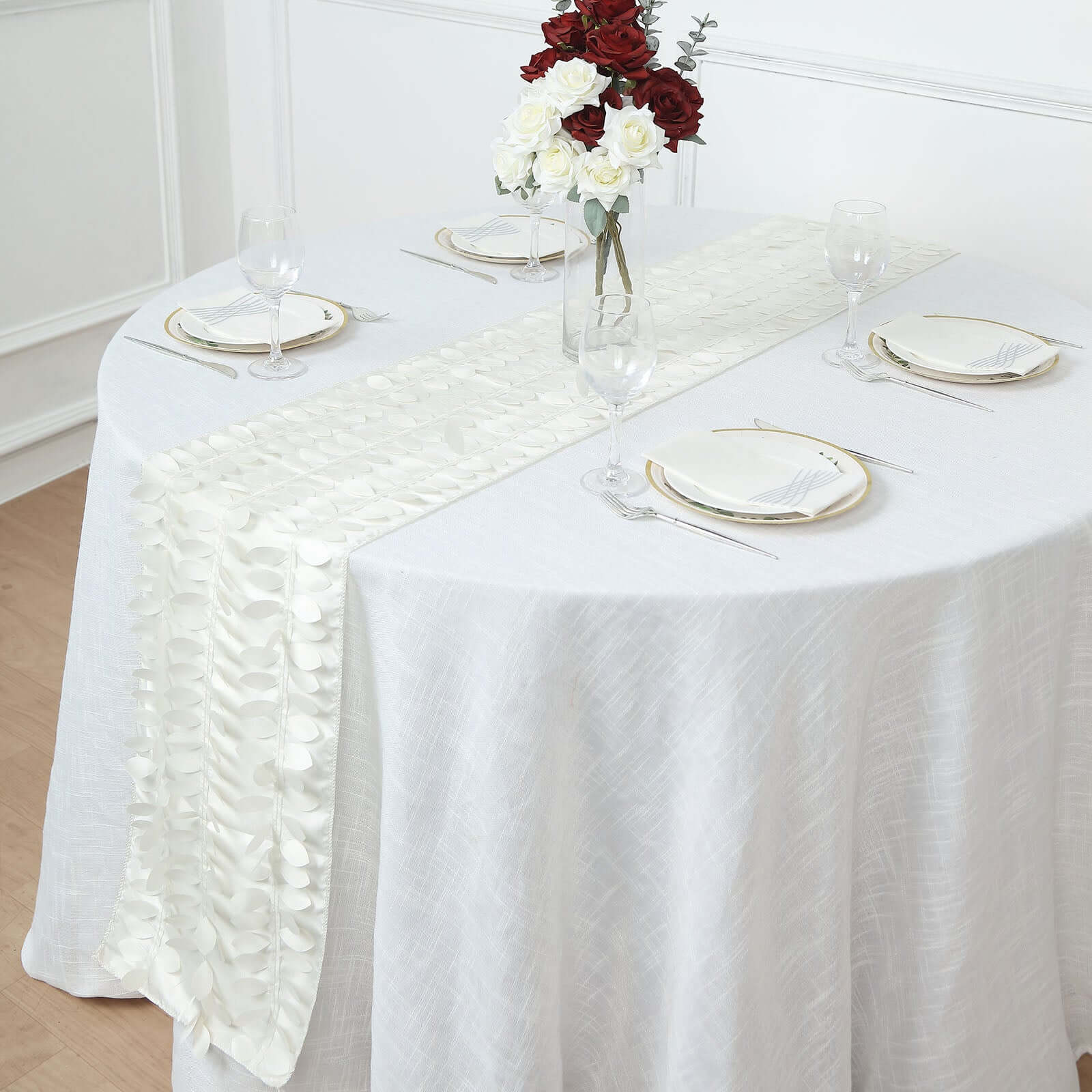 Taffeta Fabric 12"x108" Table Runner Ivory - 3D Leaf Petal Design