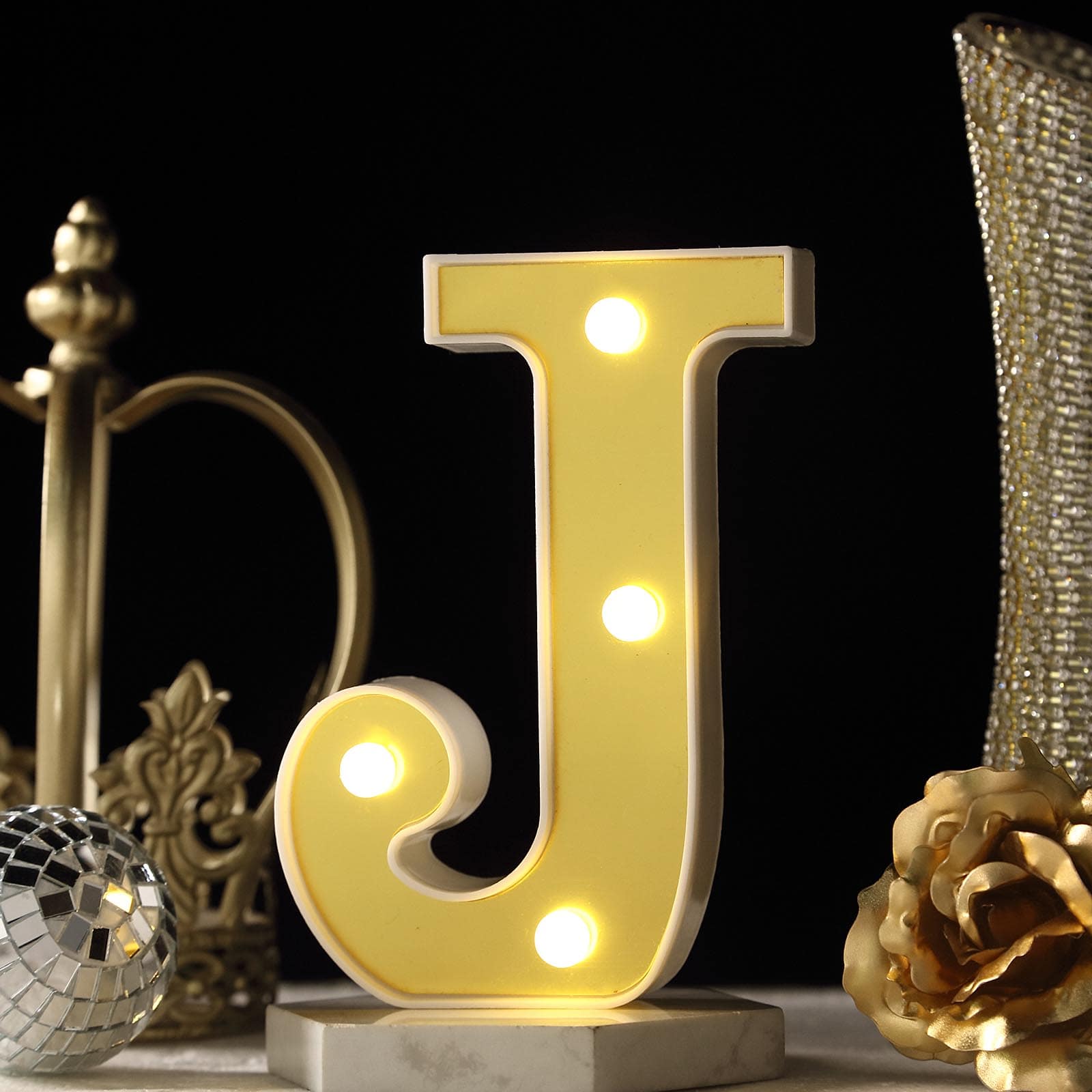 3D Marquee Letter "J" Warm White 4 LED Lights Gold - Chic Light-Up Decor for Events 6"