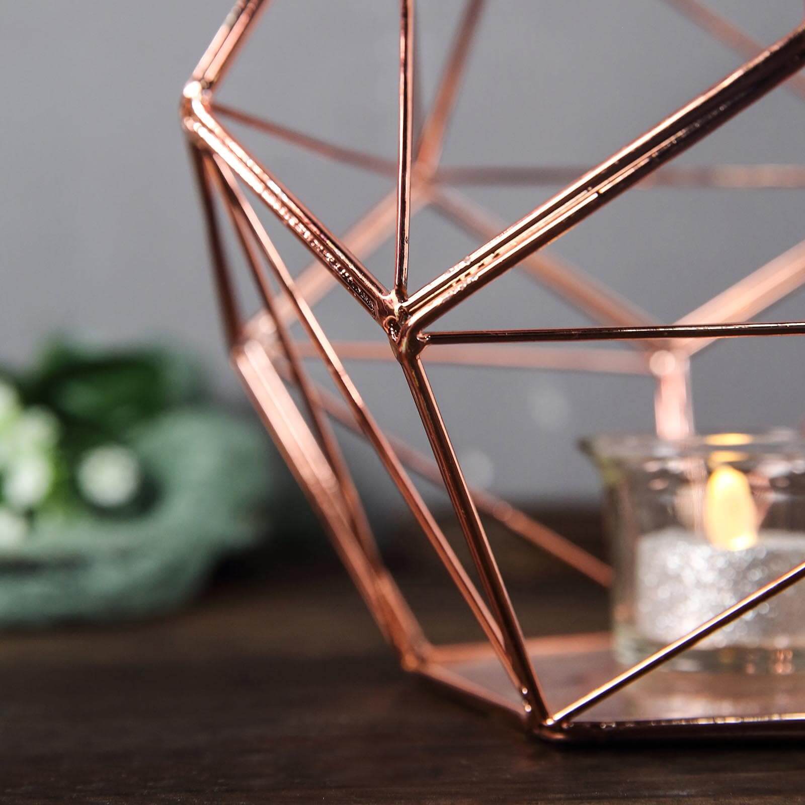 Tealight Candle Holder Rose Gold Metal Pentagon Prism Geometric Open Frame - Flower Stand 7"