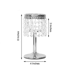 Crystal Beaded Chandelier Metal Candle Holder Silver - Stylish Tealight Stand for Decor 8"
