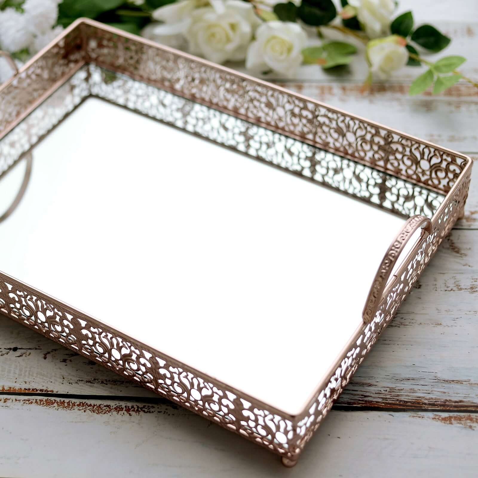 Metal Mirrored Rectangle Serving Tray 16"x12" in Rose Gold Fleur De Lis Design with Handles, French Inspired Decorative Vanity Tray Centerpiece