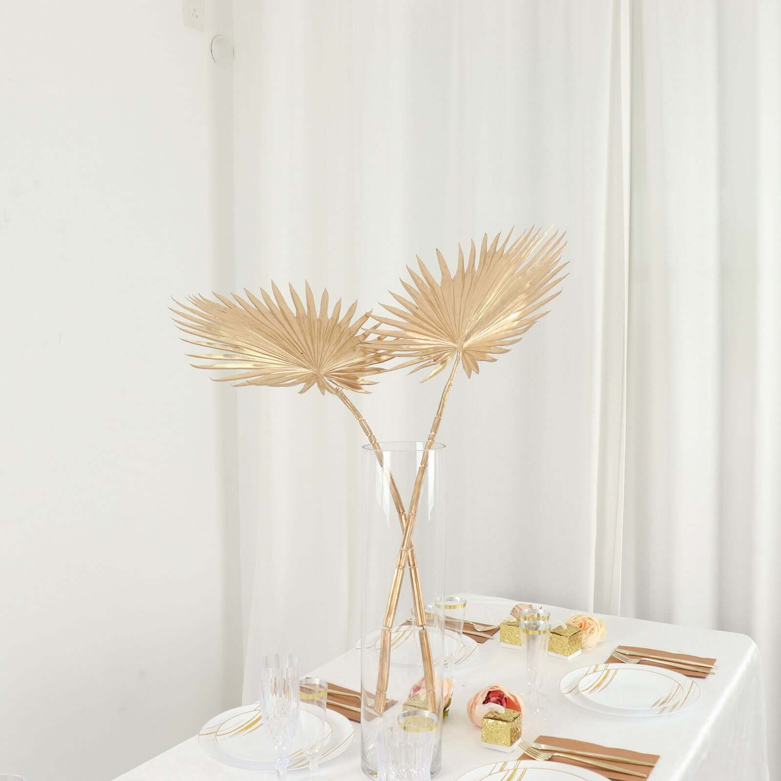 2-Pack Artificial Palm Leaf Stems Metallic Gold - Glam Tropical Faux Plant Vase Filler Floral Backdrop Table Decor 34"