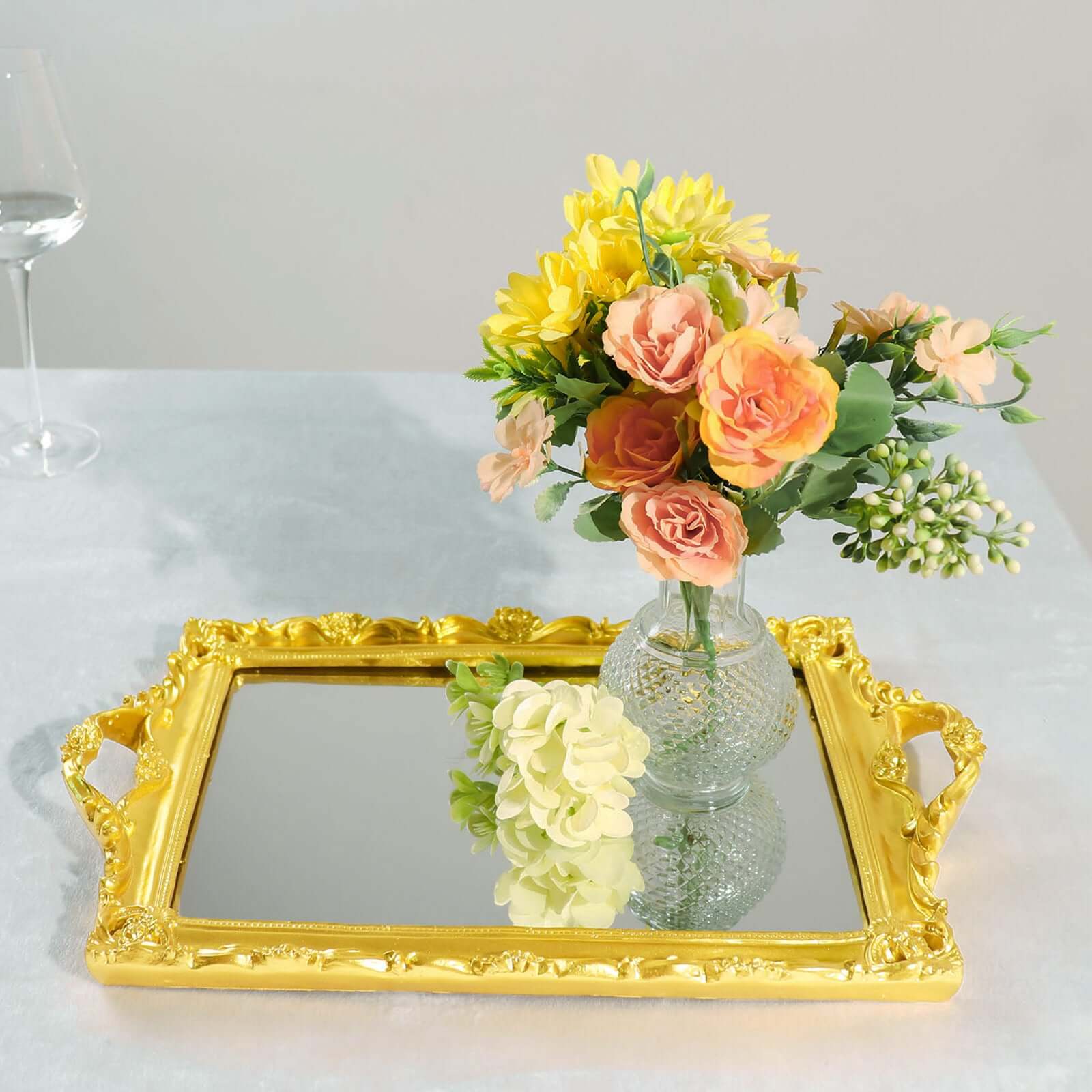 Resin Mirrored Rectangle Serving Tray 15"x10" in Metallic Gold with Baroque Design, Stylish Decorative Vanity Tray Centerpiece