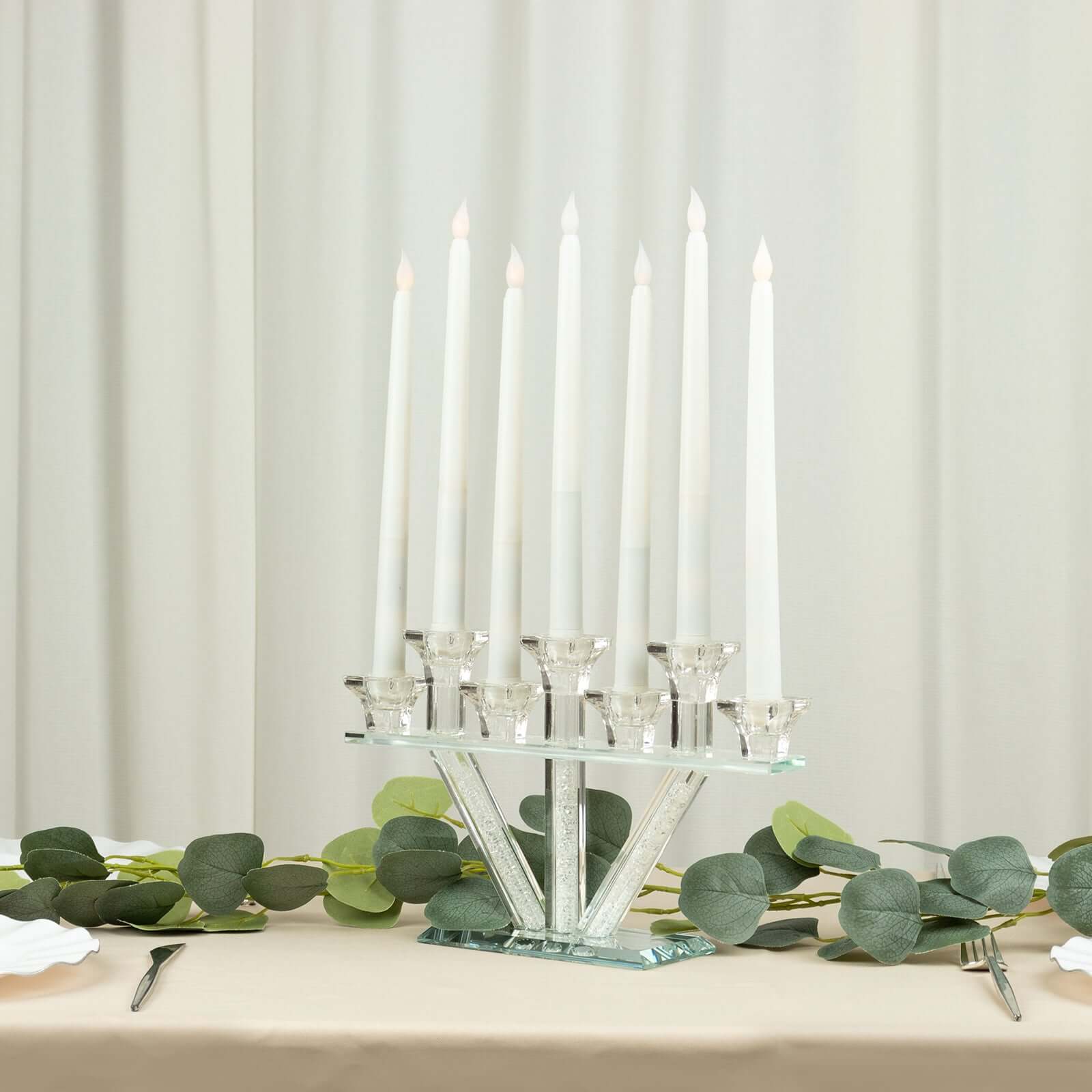 Crystal Glass Candelabra, 7-Branch Taper Candle Stick Holder Stand Table Centerpiece With Crystal Filler and Mirror Base 12"