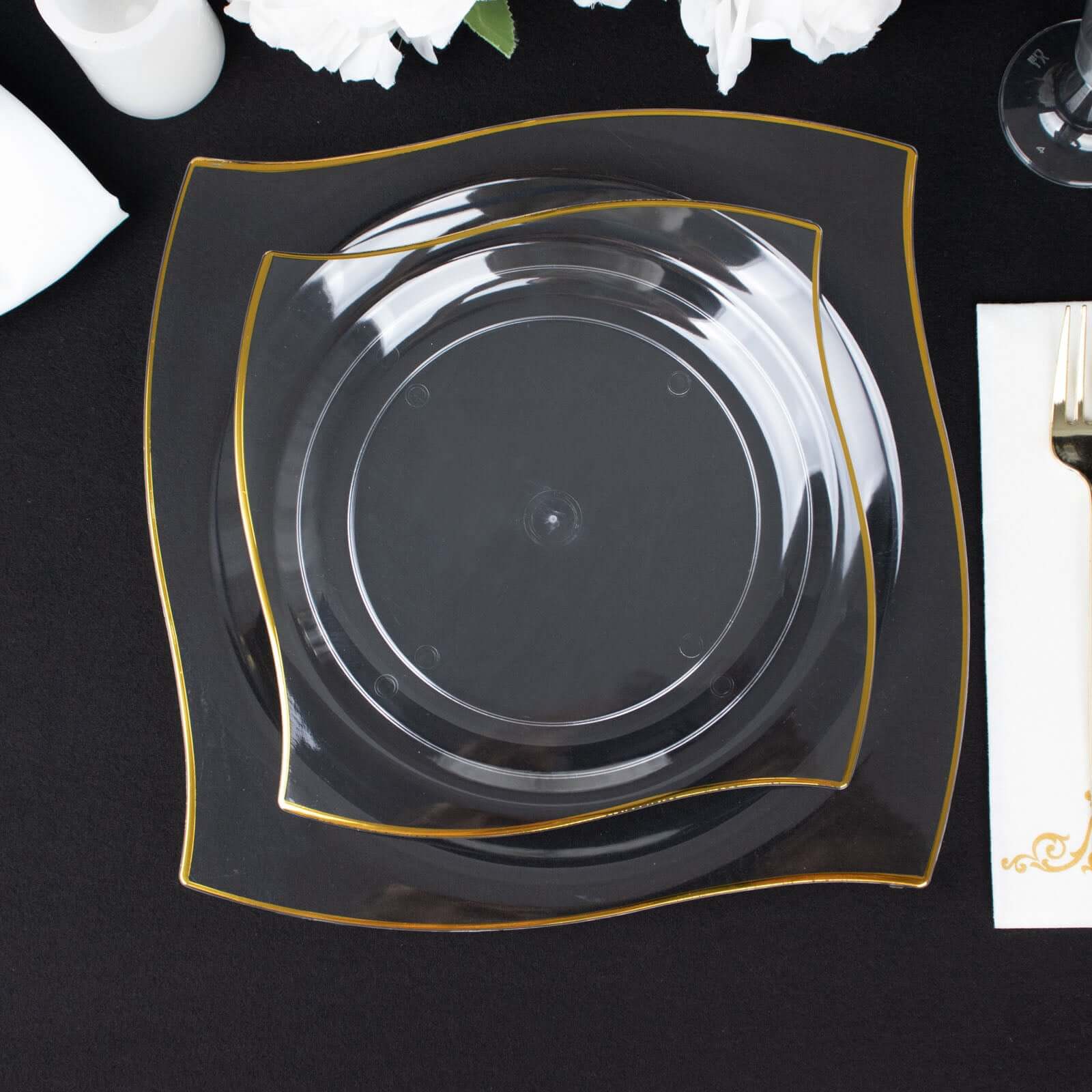 10-Pack Plastic 10" Square Dinner Plates in Clear with Gold Wavy Rim Modern - Disposable Party Plates