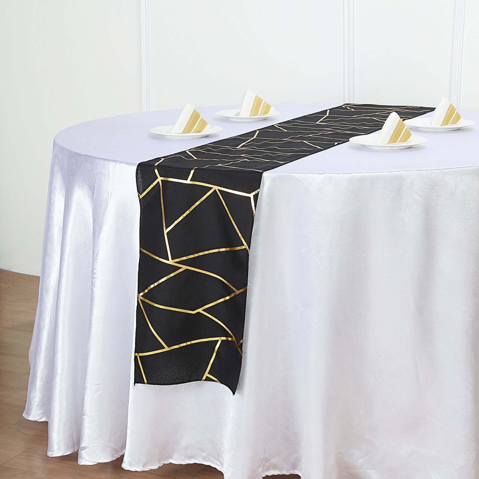 Polyester 9ft Table Runner Black with Gold Foil Modern Geometric Accent