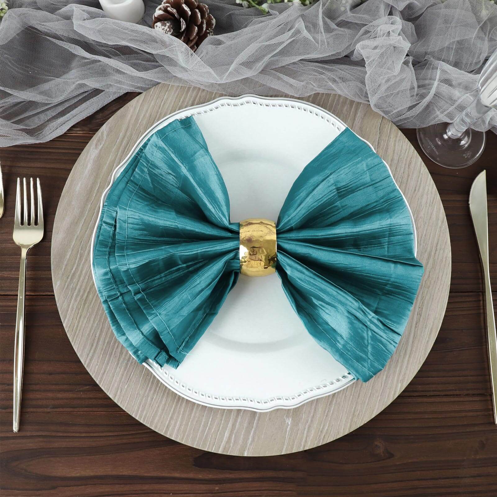 5 Pack Taffeta 20"x20" Napkins Peacock Teal - Accordion Crinkle Dinner Napkins