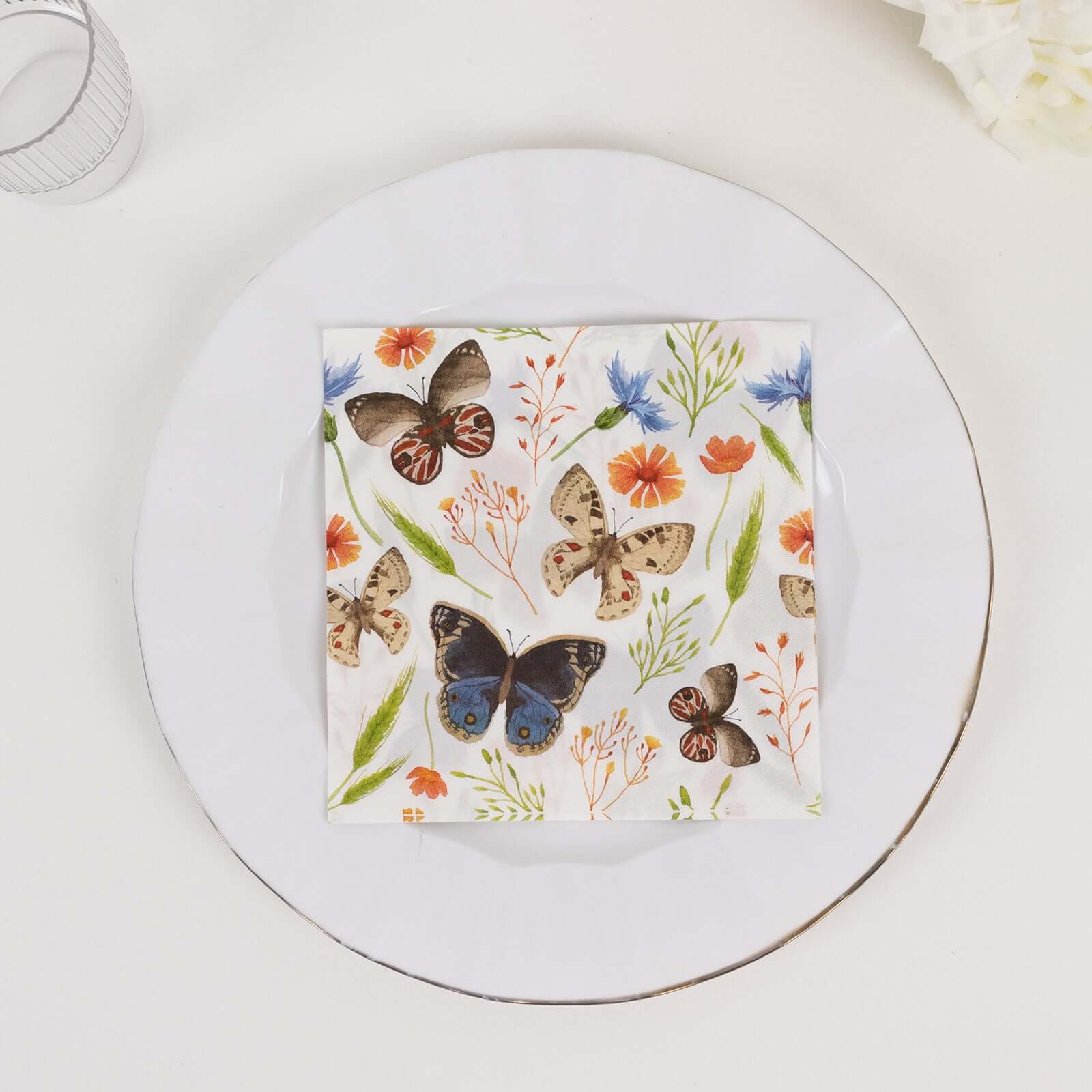50-Pack Paper Beverage Napkins with Field Herbs and Butterfly Print Ivory - 2 Ply Disposable 18GSM Garden Party Napkins 6.5"x6.5"