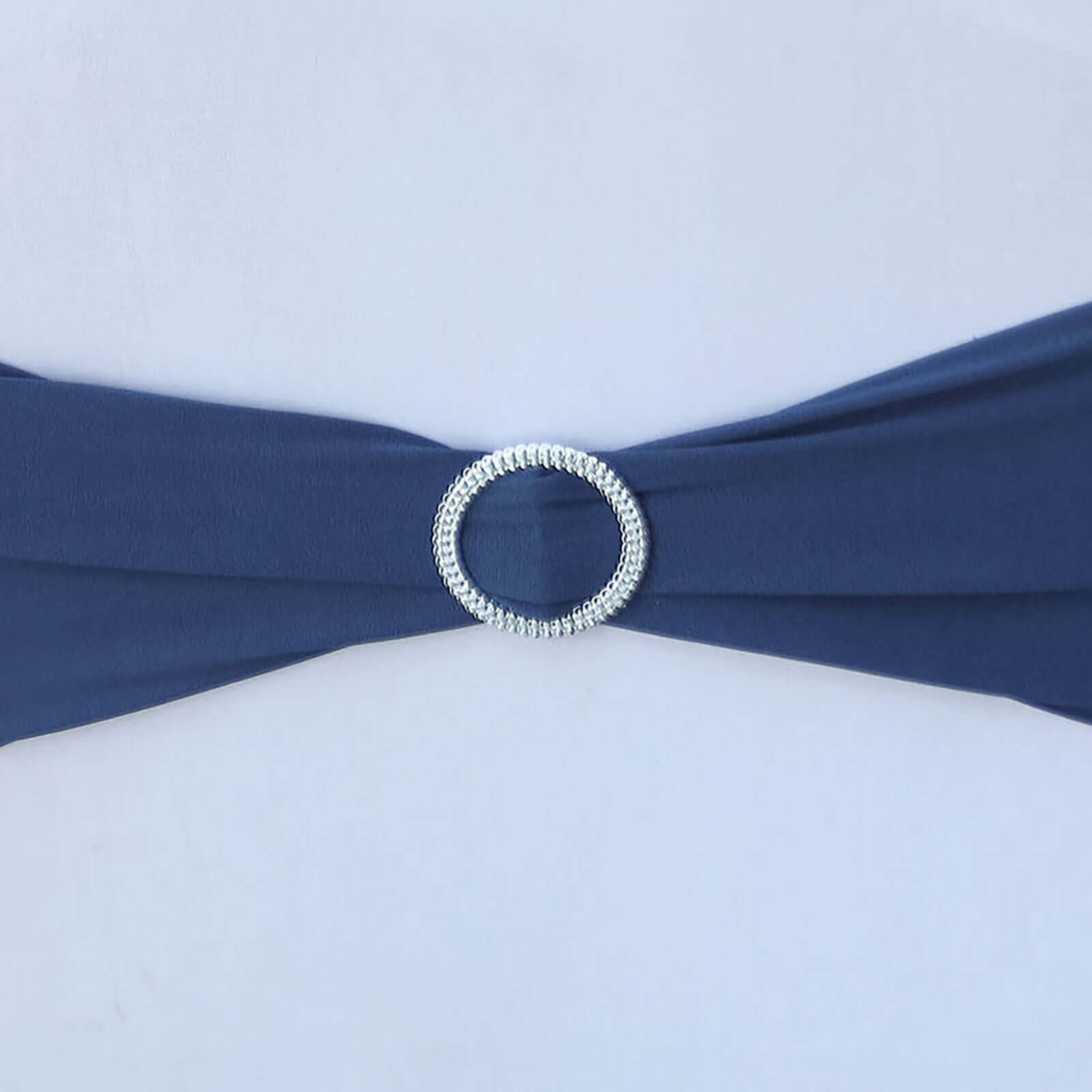 5 Pack Stretch Spandex Chair Sashes Navy Blue - Reusable Chair Bands with Silver Diamond Ring Slide Buckle 5"x14"
