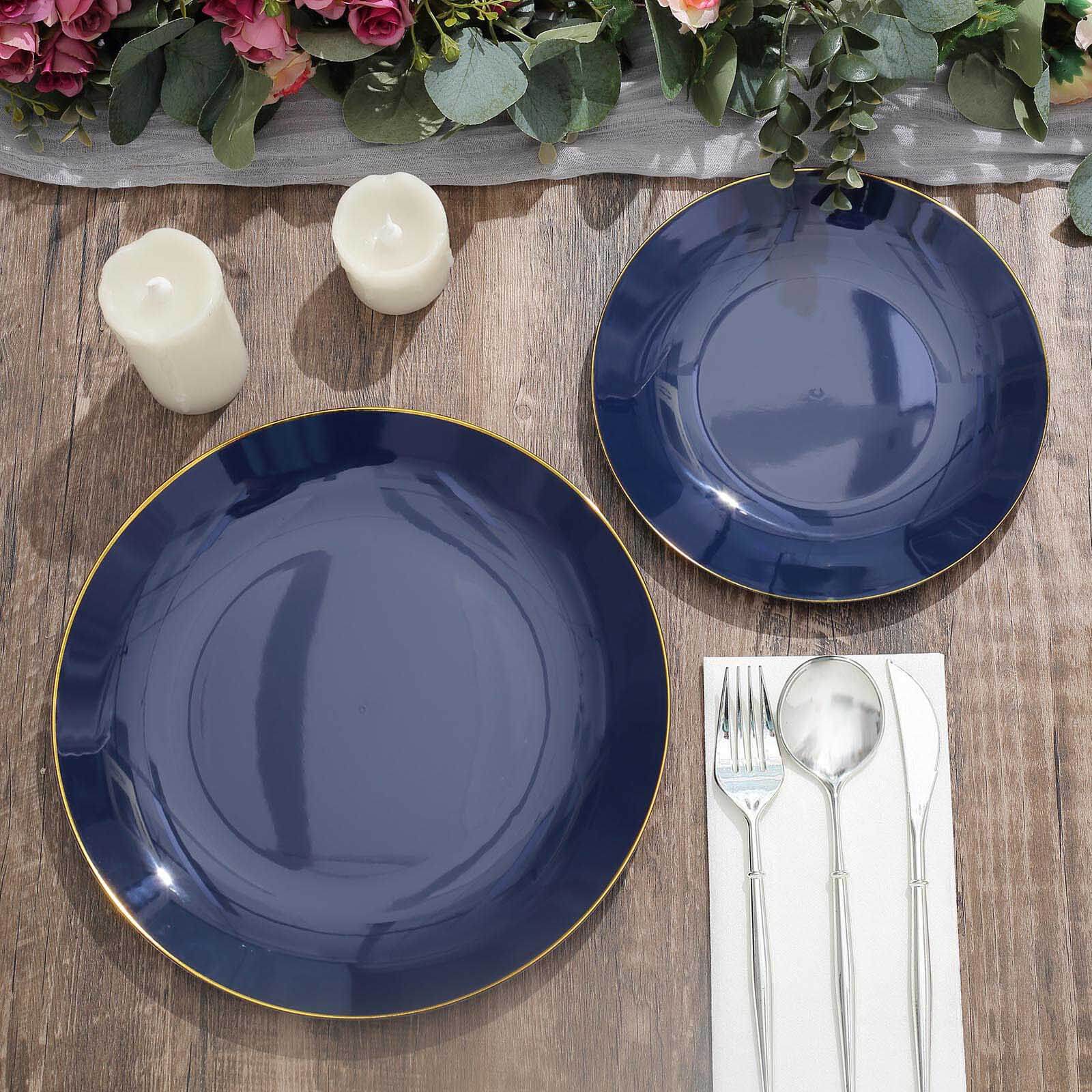 10-Pack Plastic 8" Round Dessert Plates in Navy Blue with Gold Rim - Glossy Disposable Appetizer Salad Plates
