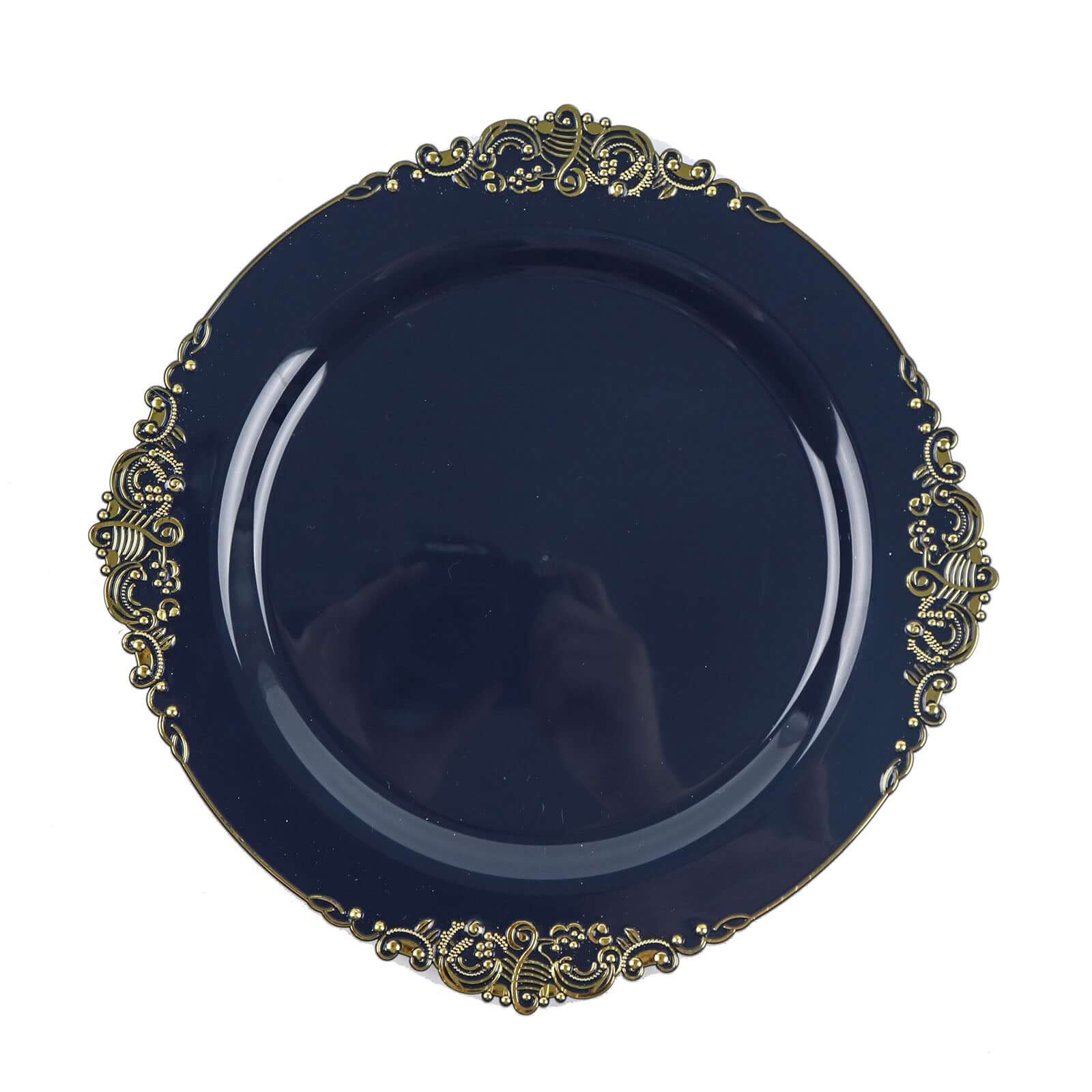 10-Pack Plastic 8" Round Dessert Plates in Navy Blue with Gold Leaf Embossed Rim - Disposable Vintage Baroque Style Salad Plates