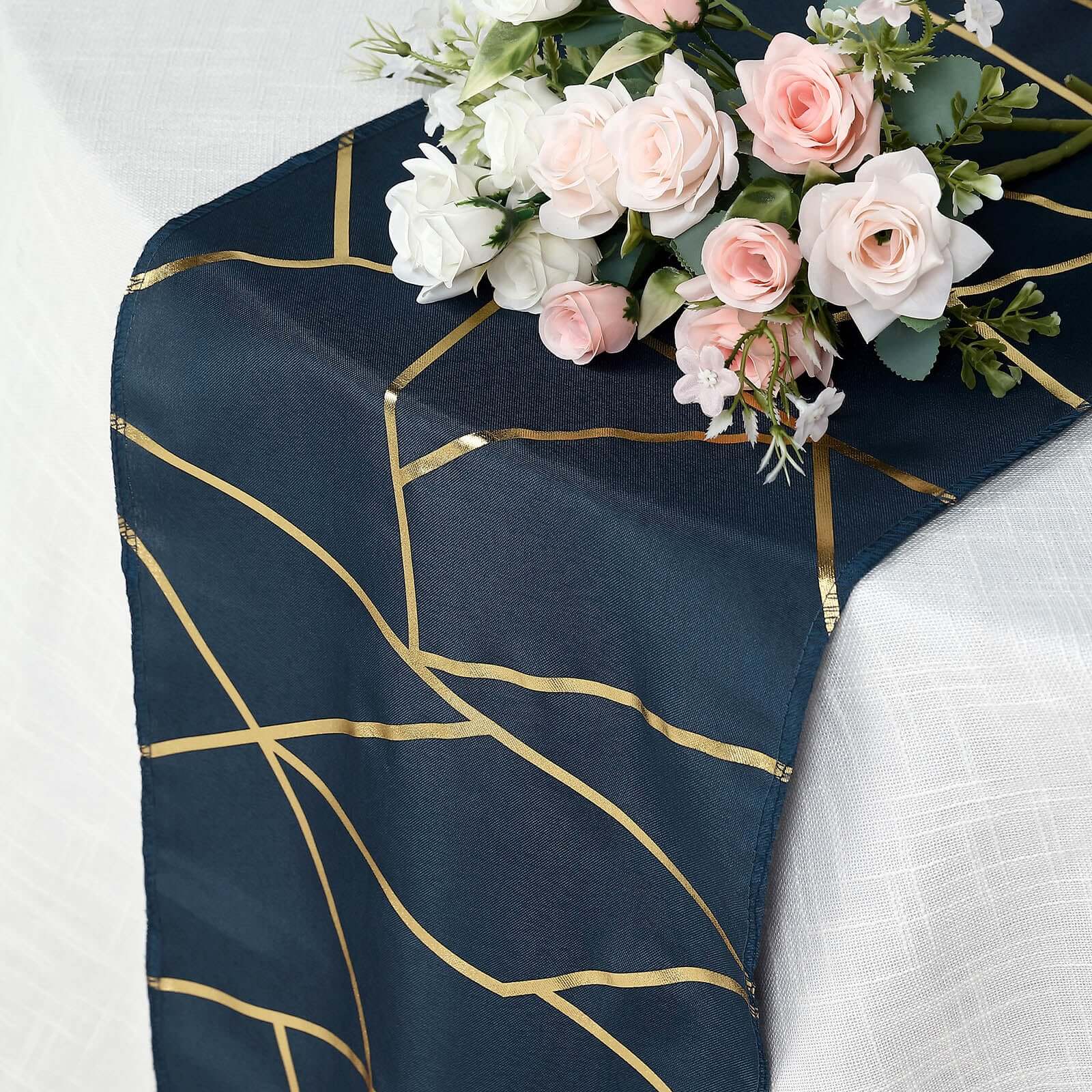Polyester 9ft Table Runner Navy Blue with Gold Foil Modern Geometric Accent